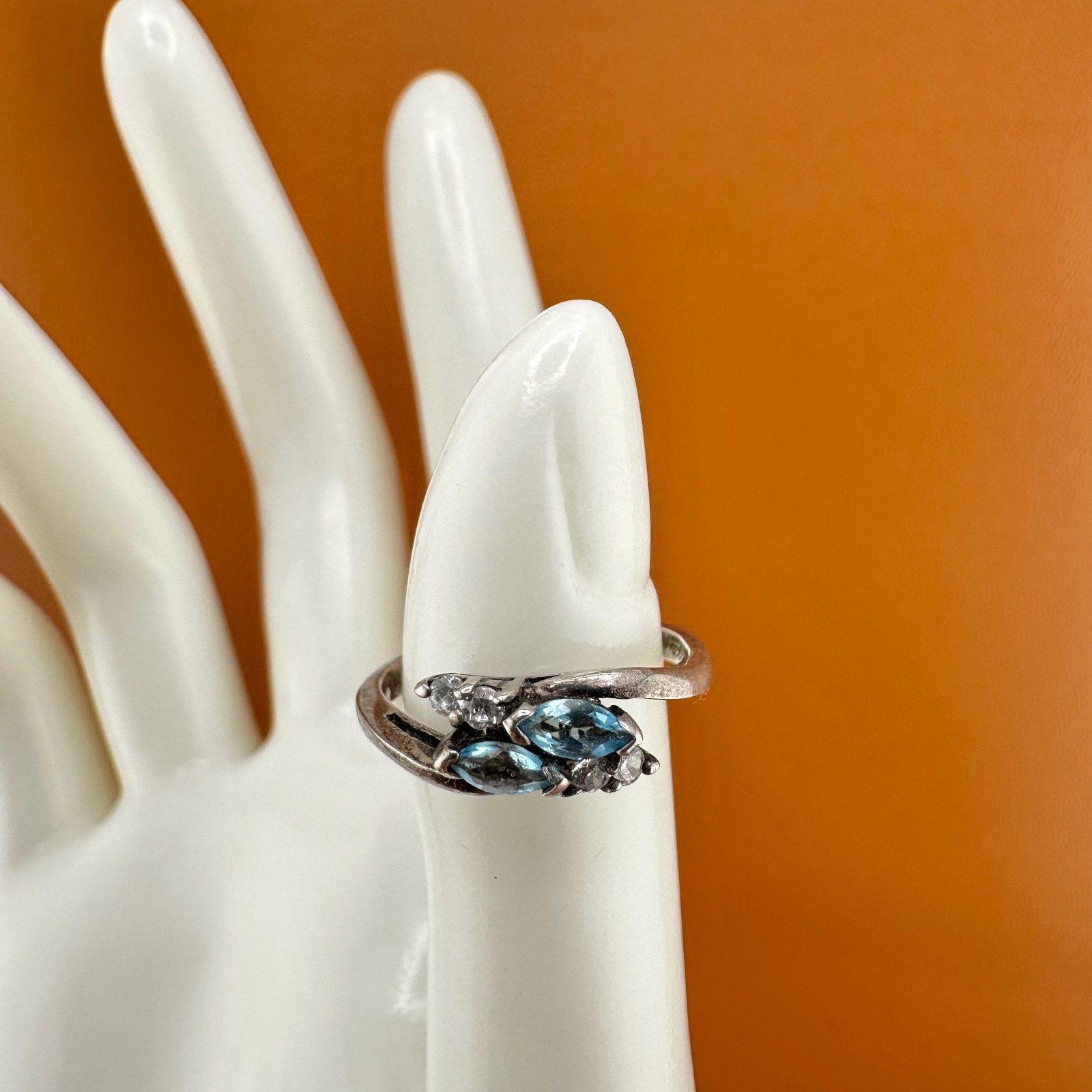 Vintage Sterling Silver Blue Topaz Ring Marquise Cut Dainty Size 6.75 Signed