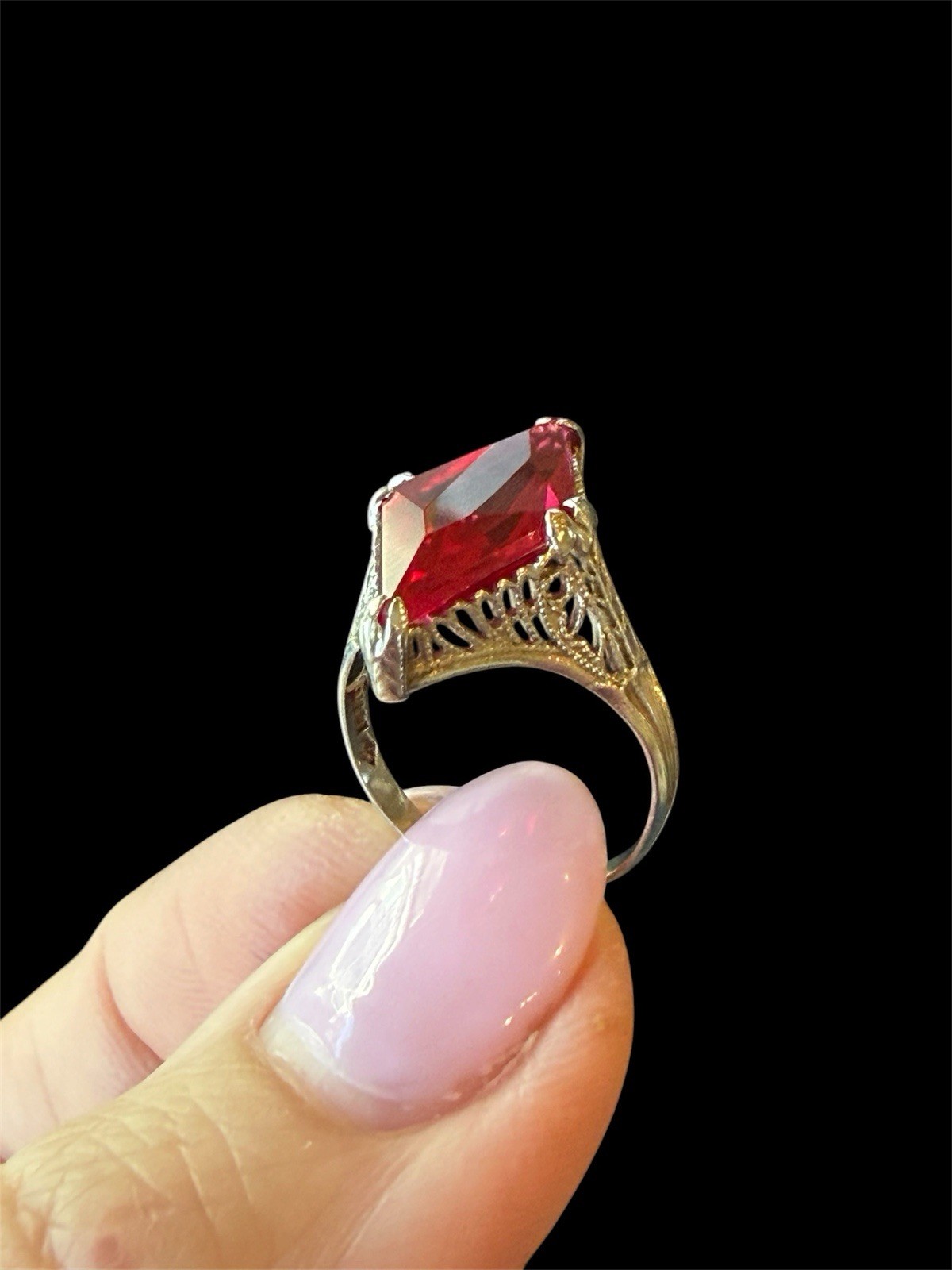 Antique Art Deco 14k White Gold Filigree Ring with a Kite Cut Ruby lab created