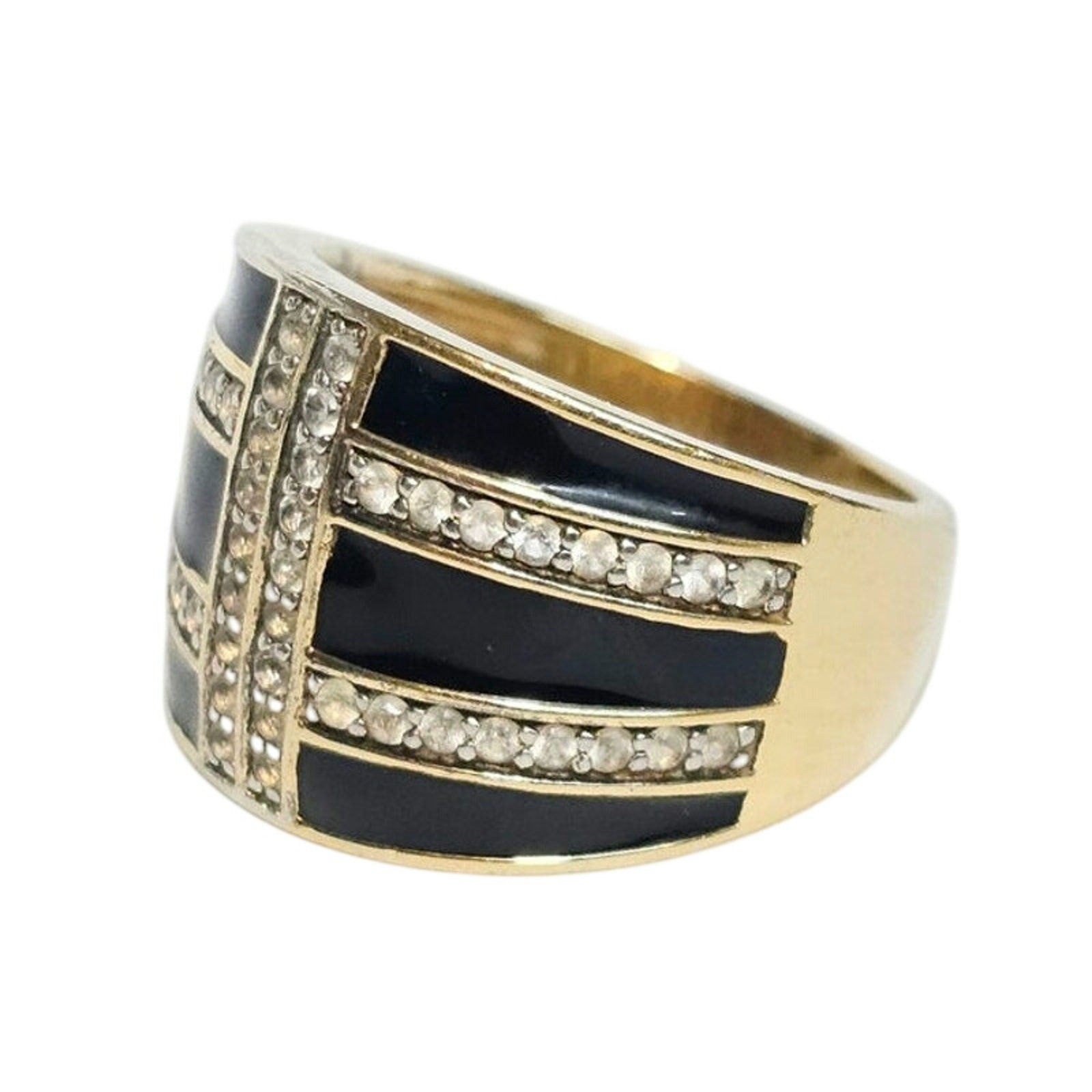 Vintage AVF Signed Vermeil Sterling Black Enamel & White Topaz Ring