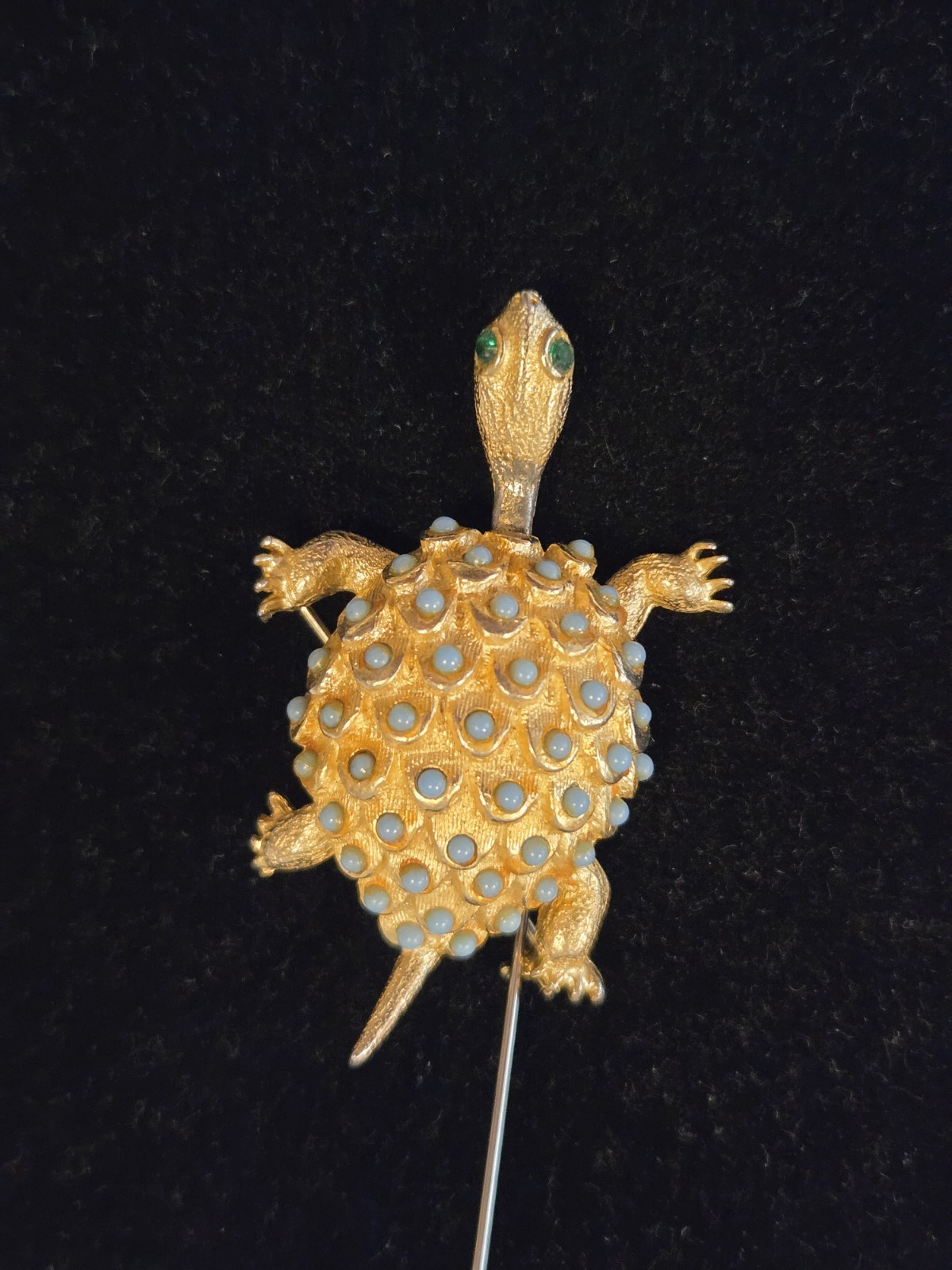Gold Tone Turtle Blue Cabochons Green Rhinestone Eyes Reticulated Head Brooch