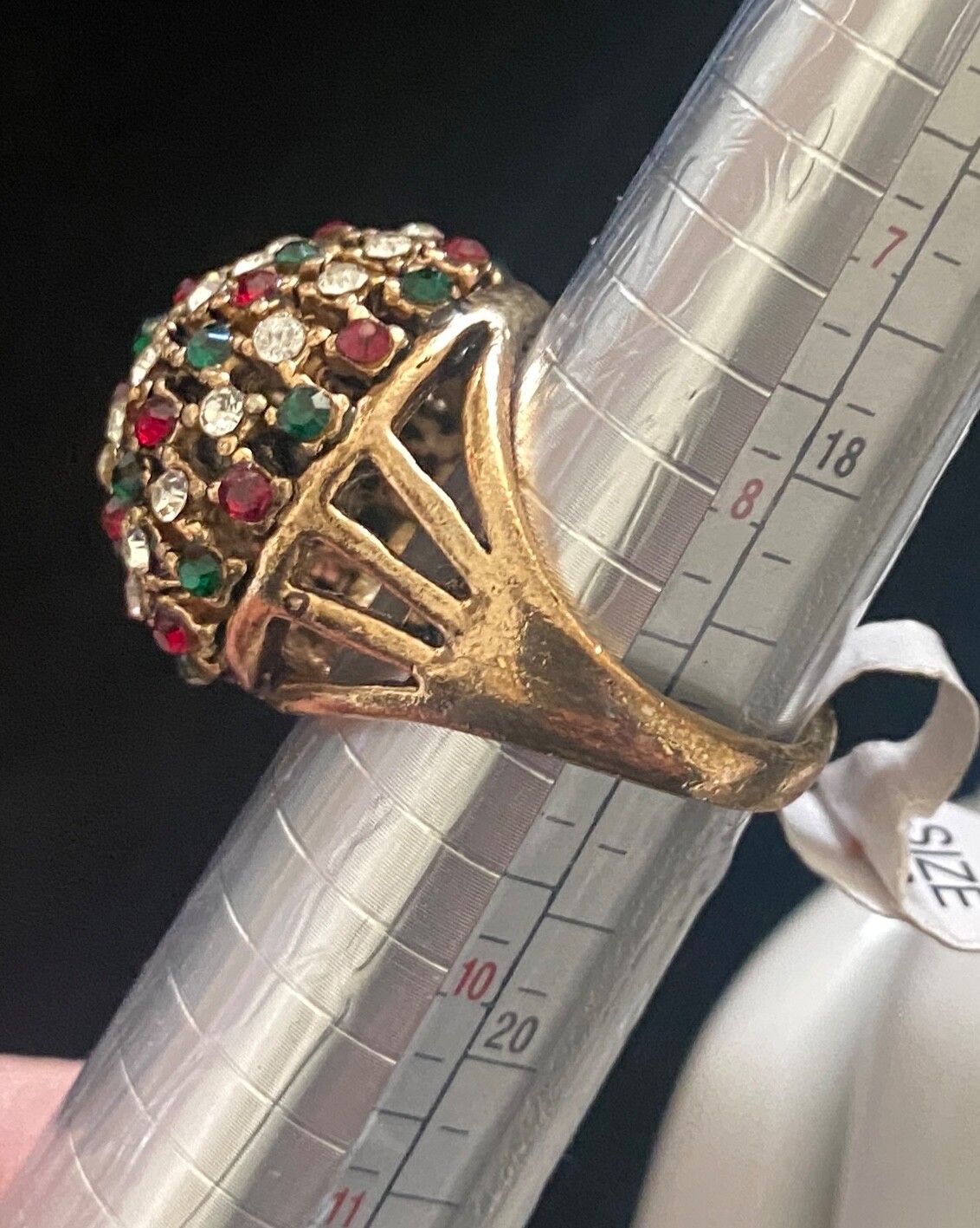 Ring Gold Tone Red Green Rhinestone Large statement Cocktail MCM Sz 9