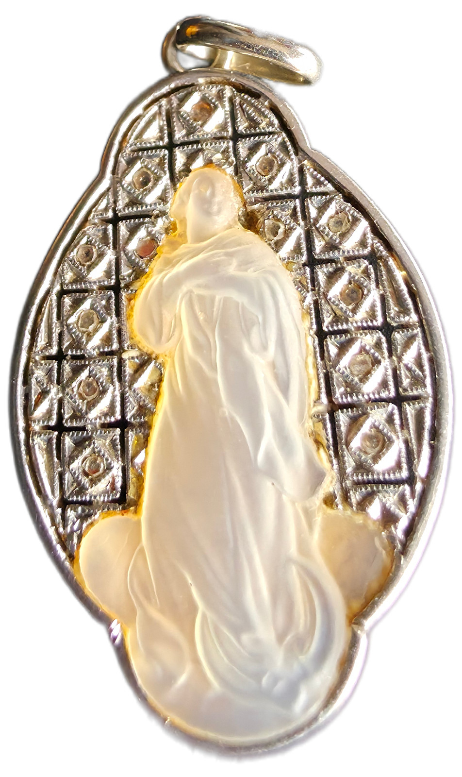 Antique 18k Gold Virgin Mary Medal – Real Diamonds & Mother of Pearl