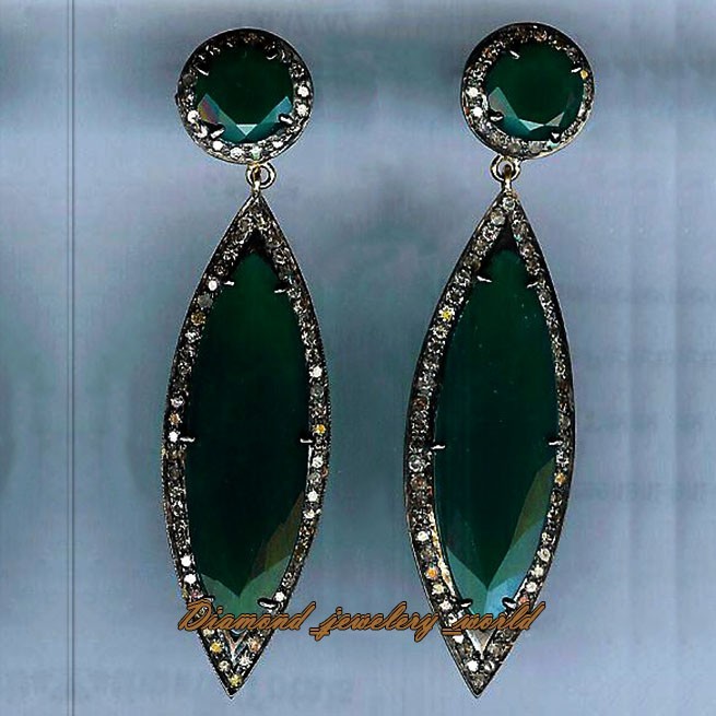 1.80ctw Rose Cut Diamond Emerald Studded Silver Vintage Gorgeous Earring Jewelry