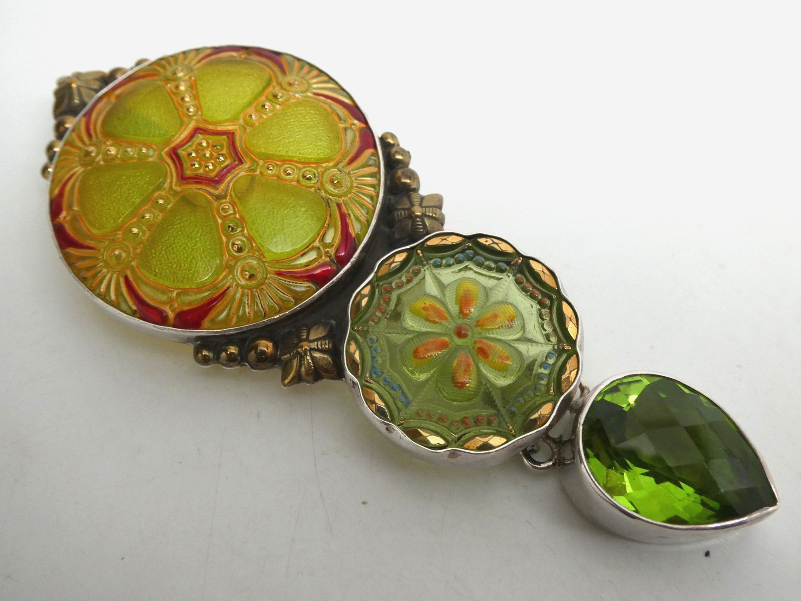Vintage AKR Amy Kahn Russel Peridot & Antique Glass Sterling 925 Pendant 4″