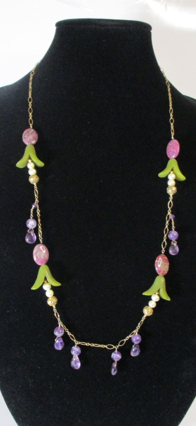 Antique-Like 14K GF Flowerette Necklace w/Jade, Amethyst, Pearl 30.75″L Handmade