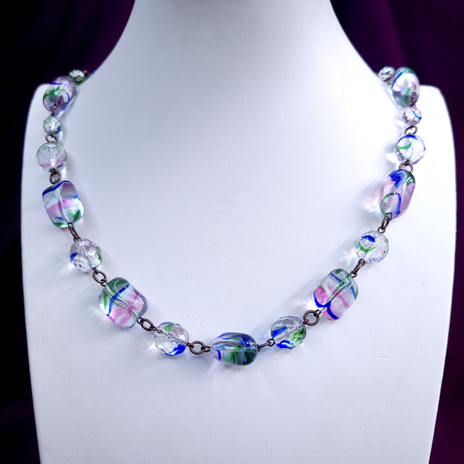 Art Deco Style Iris Glass Necklace 22inch Multicolor Glass Czech Old Beads