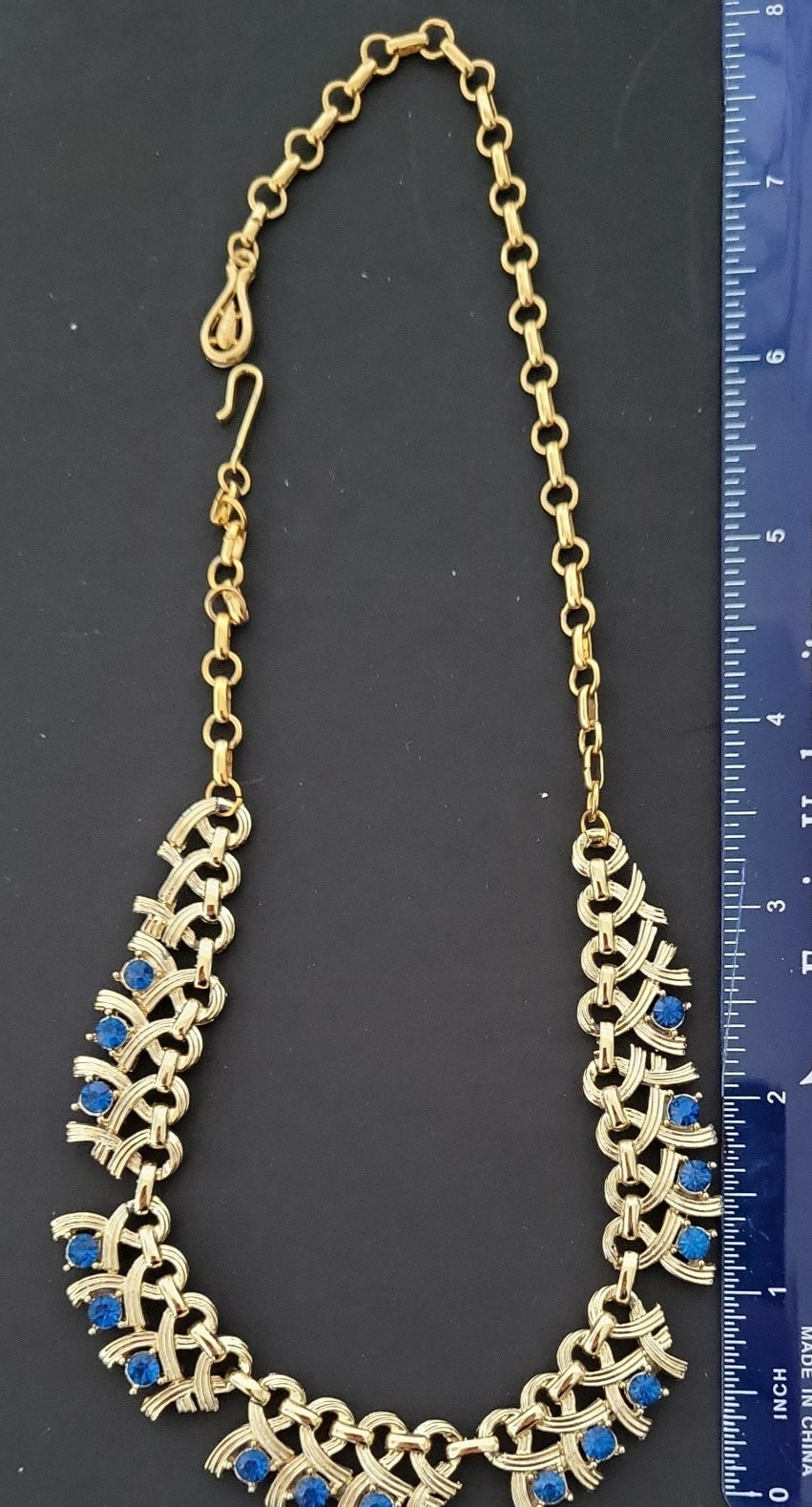 Vintage Gold Tone Blue Rhinestone Choker/Necklace w/Hook Clasp