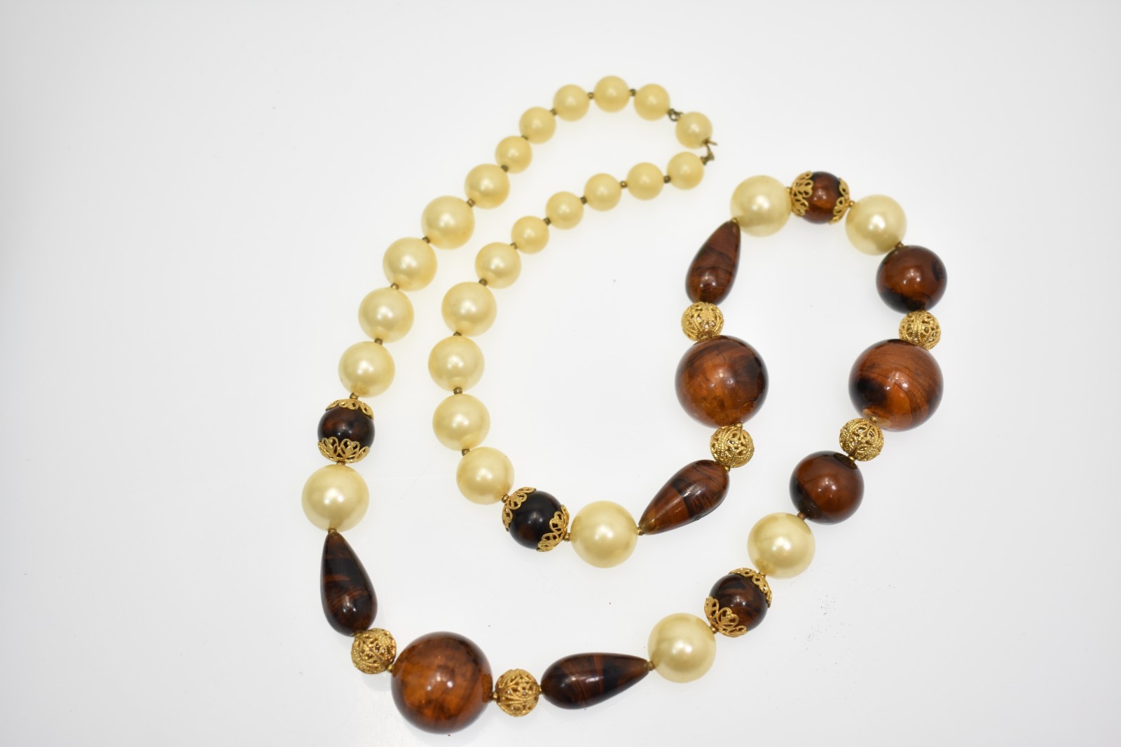 Vintage chunky brown and faux pearl beaded statement necklace with gold tone