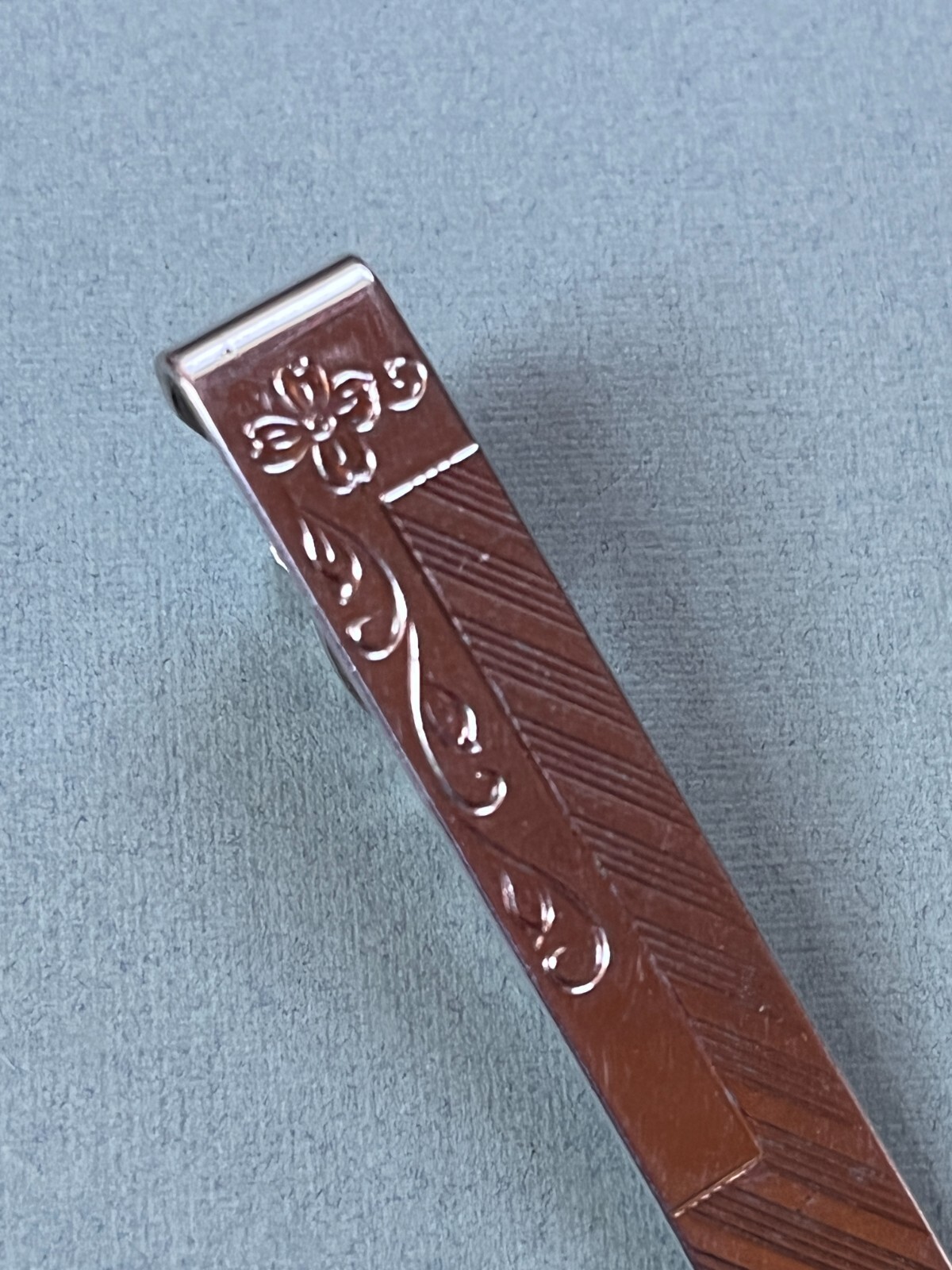 Vintage Etched Floral Silvertone Rectangle Tie Clip – 3/8th’s x 2 inches – GOOD