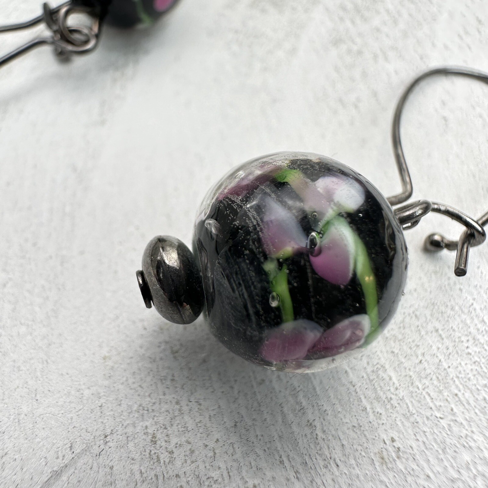 Vintage Venetian Murano Glass Black Flower Ball Dangle Earrings