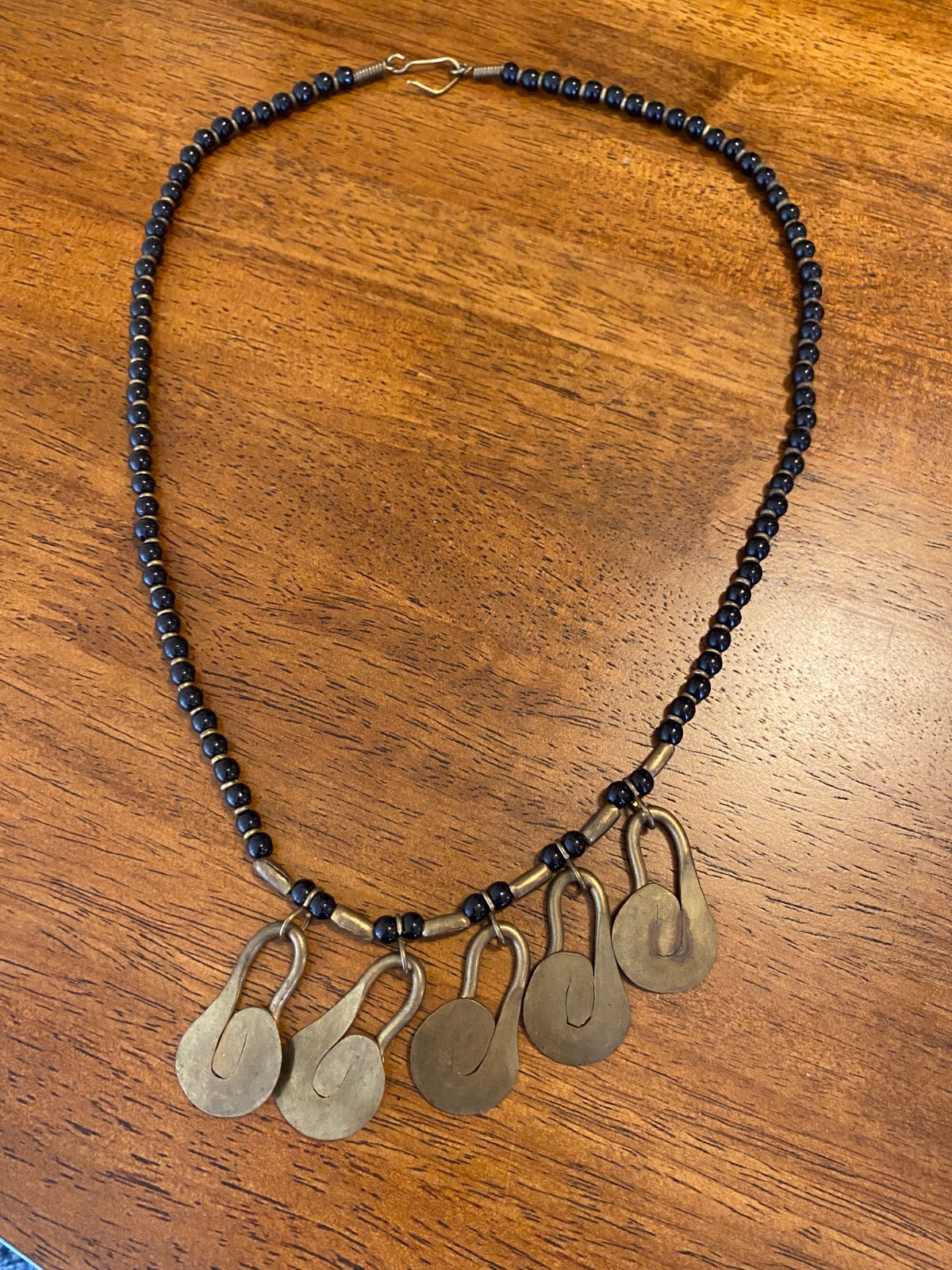 Vintage Black Onyx Bead & Hammered Brass Charm Pendant Necklace Artisan