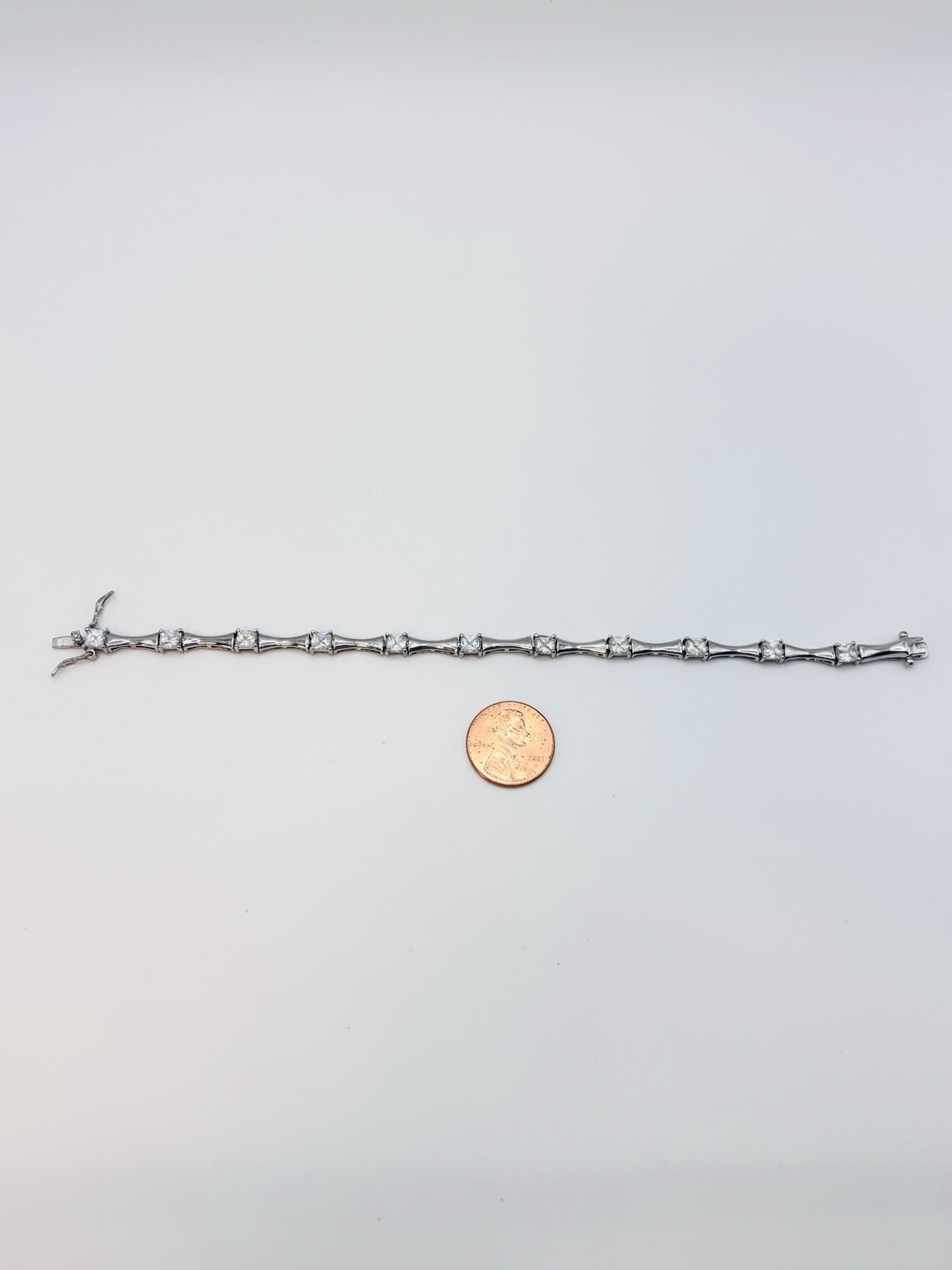 Vintage 925 Sterling Silver Princess Cut CZ Bamboo Link Tennis Bracelet 7″
