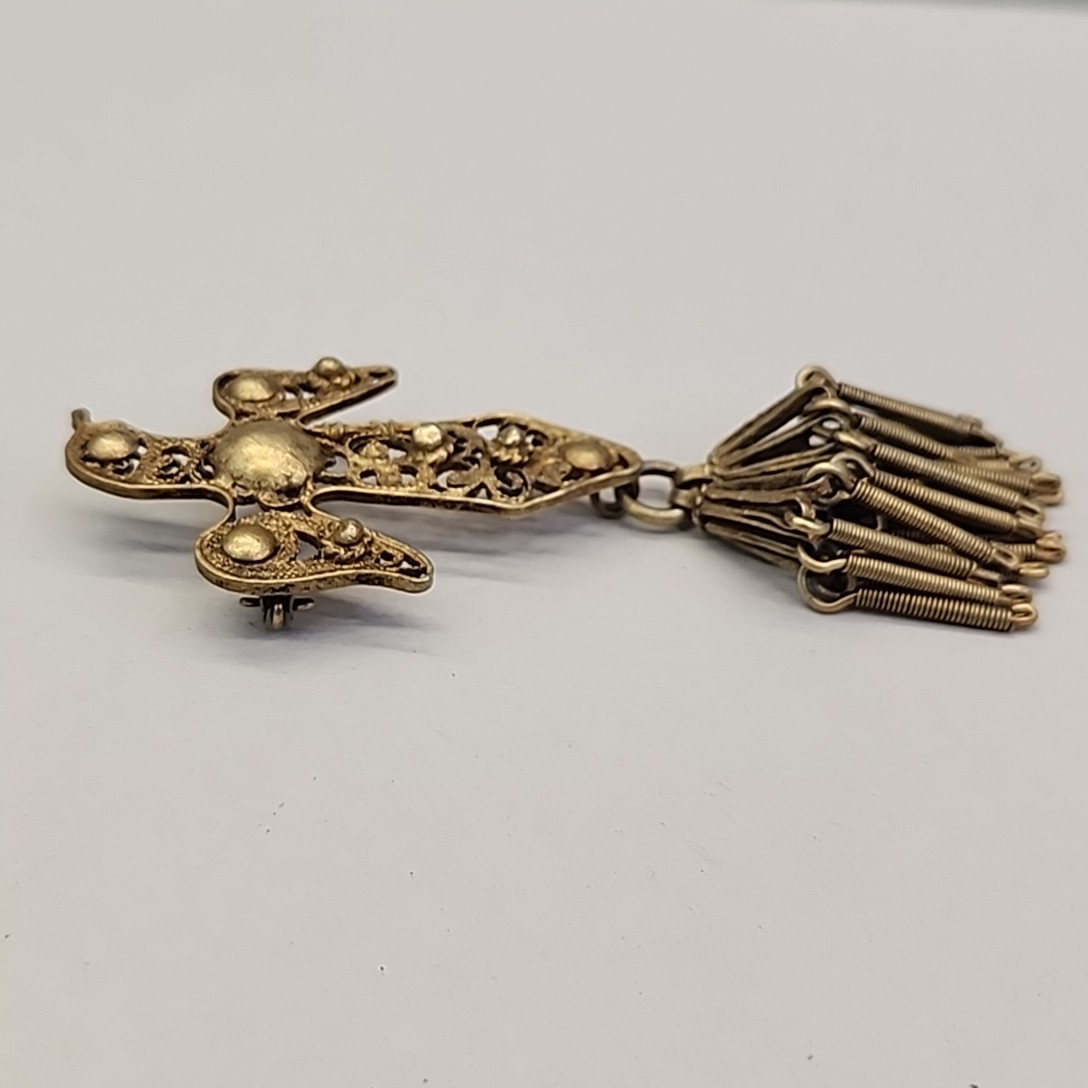 Vintage Eagle Brooch Gold Filled Filigree Tassel C Clasp Artisan Antique 3.5″