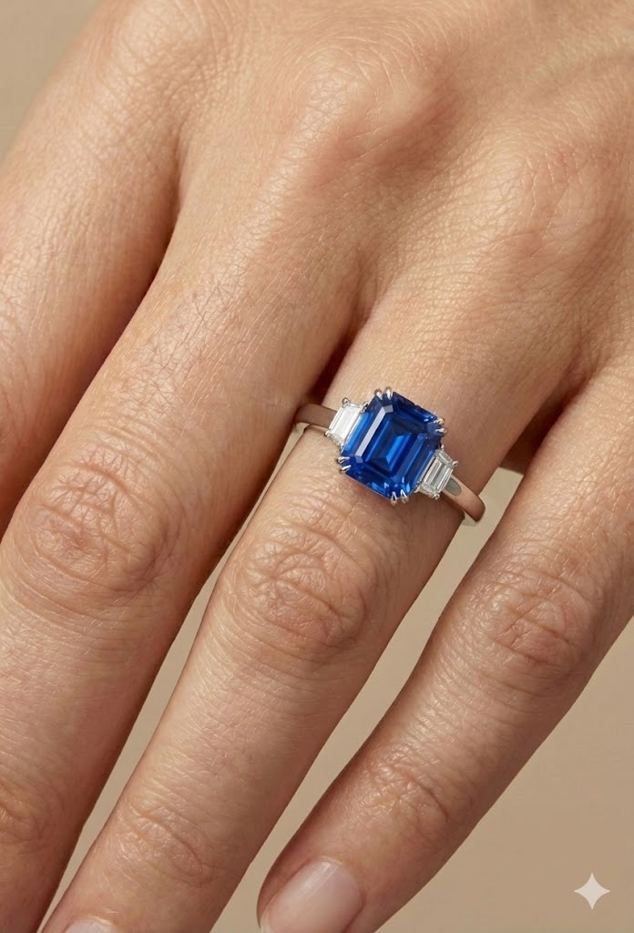 Vintage 14k White Gold Engagement Ring 5.52CT. Blue Sapphire Emerald Shape