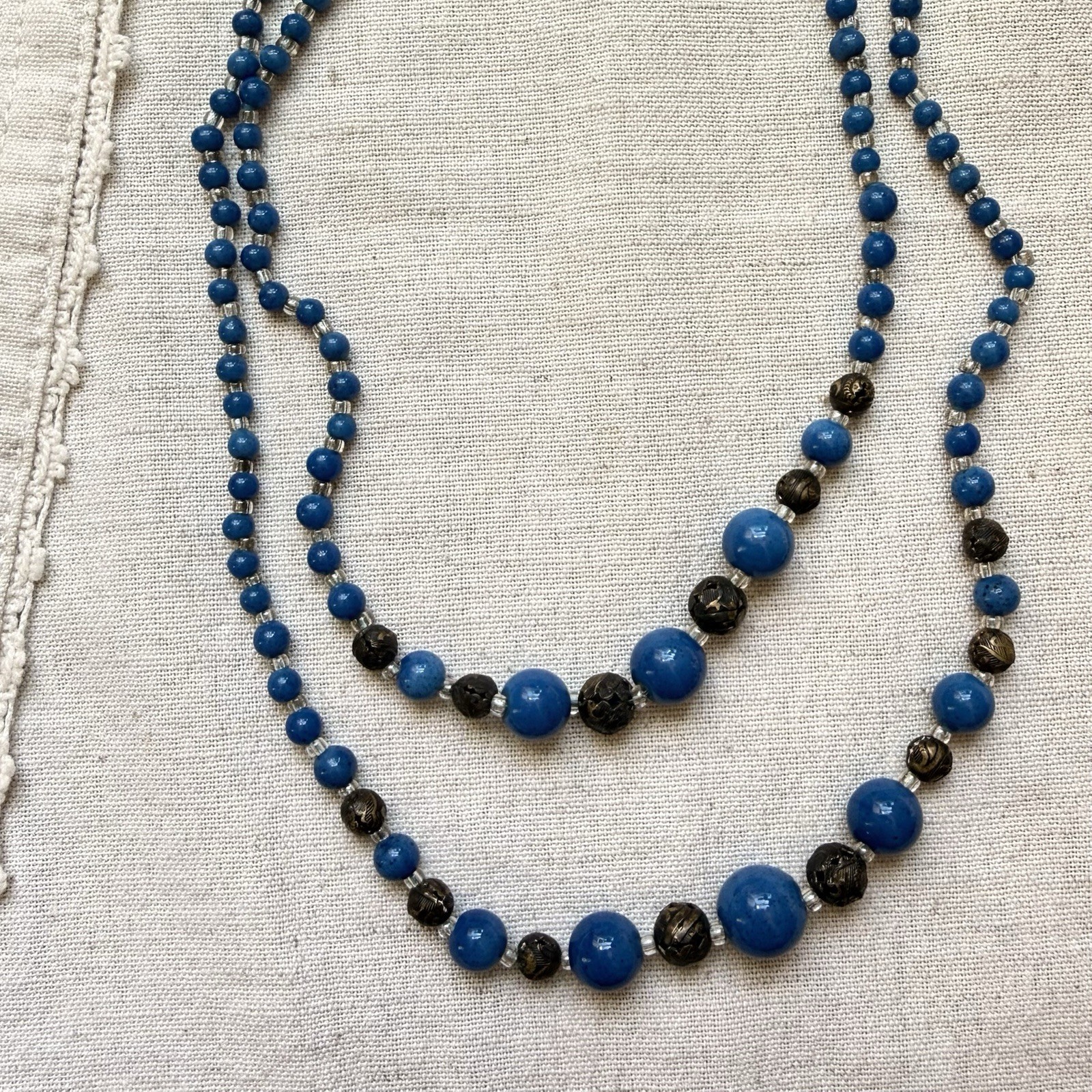 Art Deco Czech Blue Glass Double Strand Necklace Filigree Beads 19”