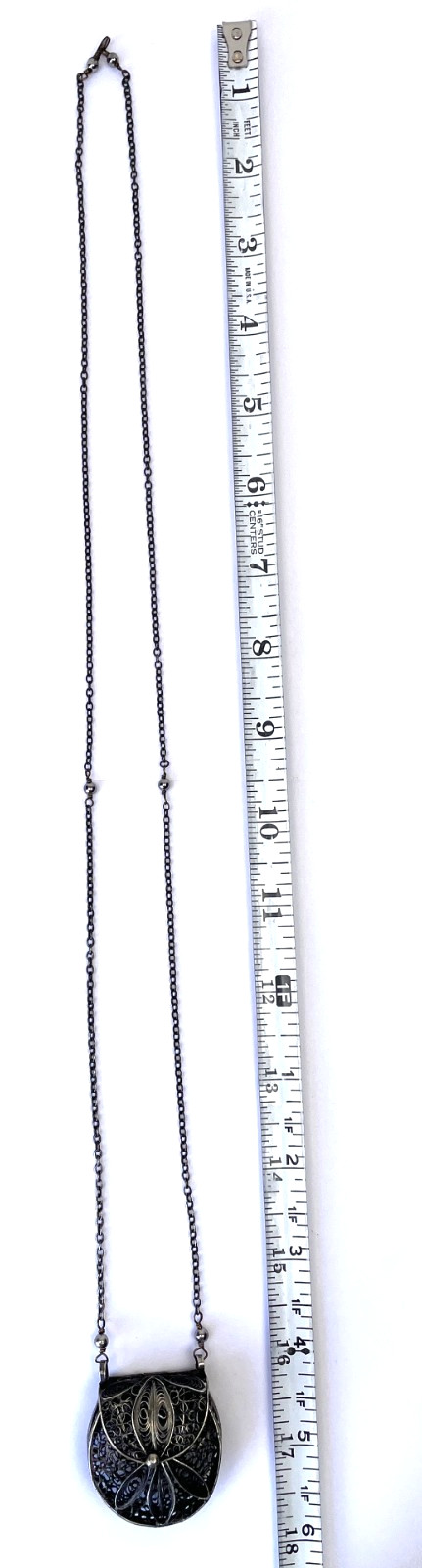 Vintage Filagree Metal Silver Tone Coin Purse Pendant Long Necklace