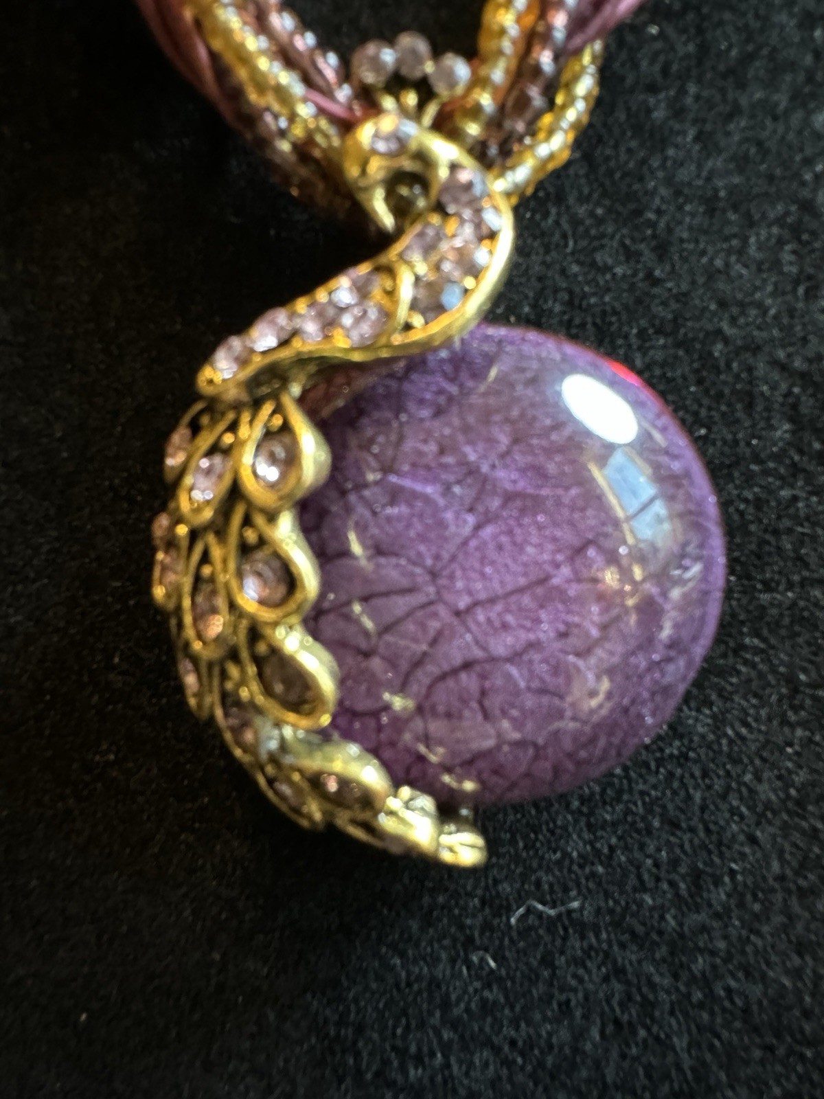 Beautiful Vintage Peacock Pendant Necklace In Purple and Gold Tones 20” Long