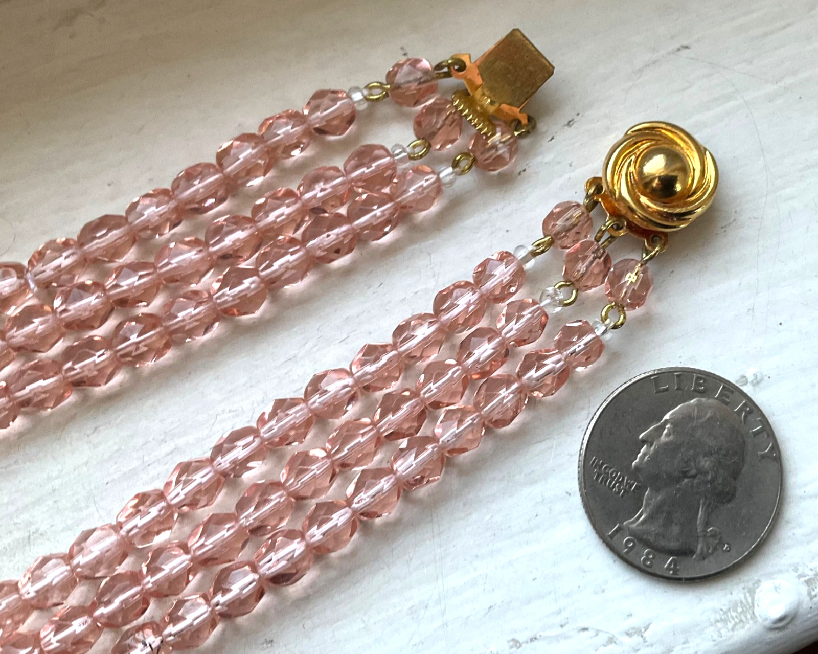 Vintage TRIPLE STRAND AUSTRIAN Blue Pink CRYSTAL GLASS BEADS FACETED