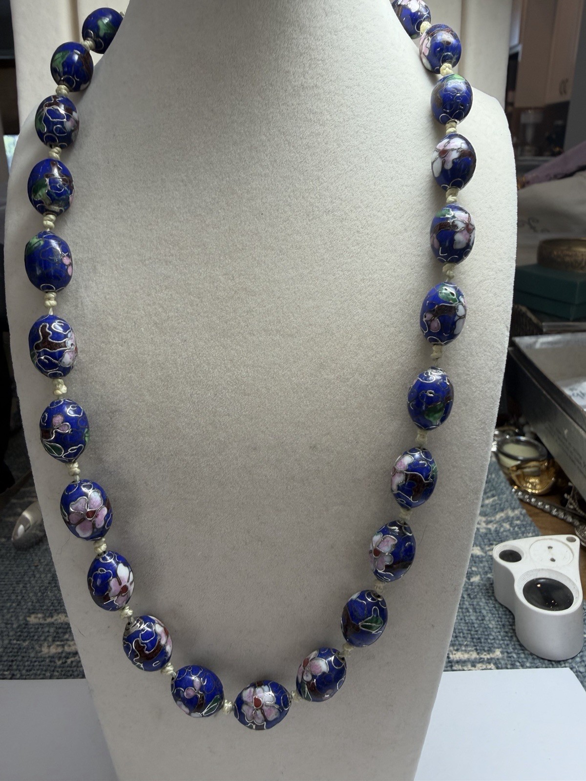 Vintage Chinese Export Cobalt Blue Cloisonne Enamel Hand Knotted Bead Necklace