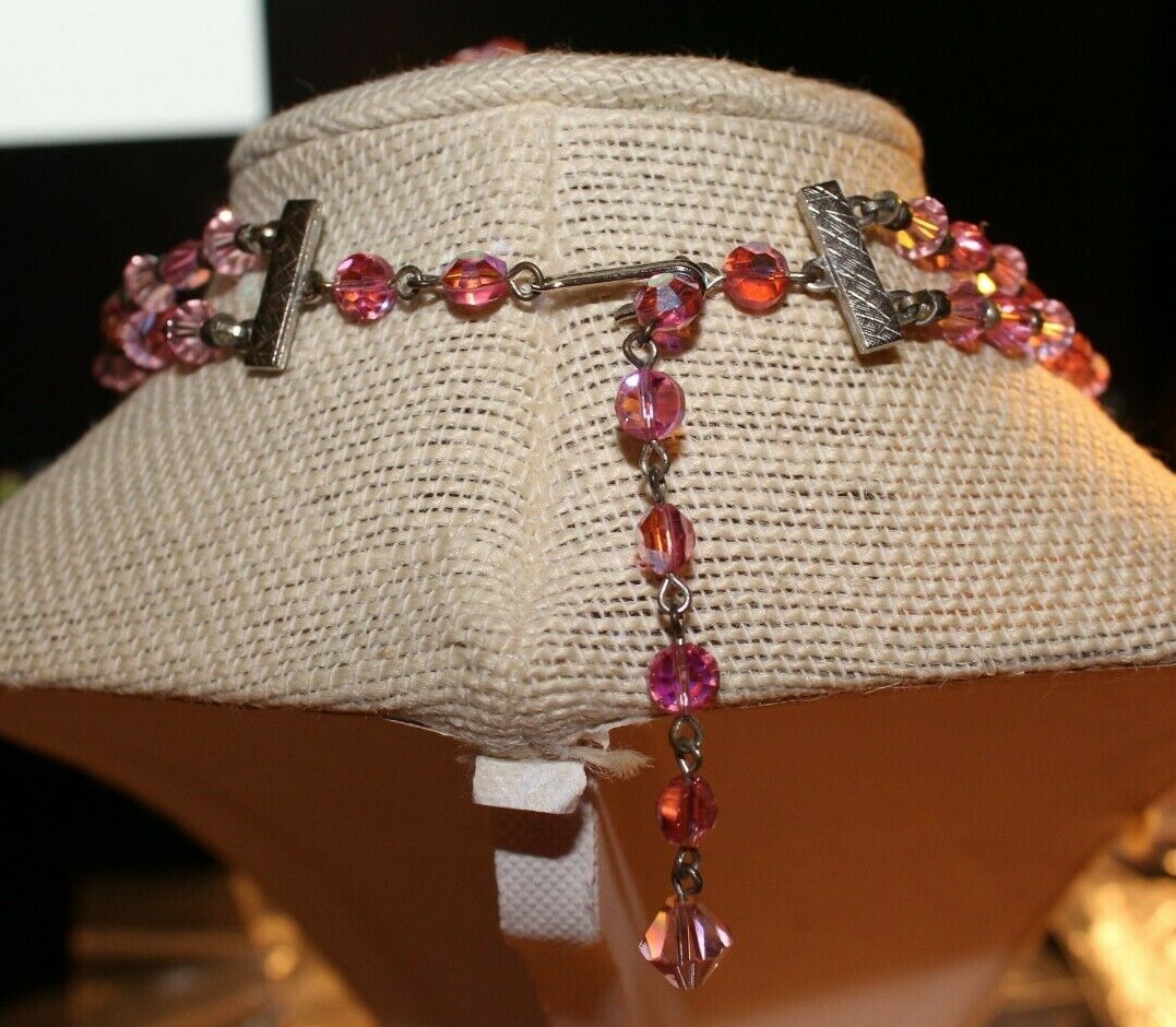 VINTAGE AB PINK 2 STRAND FACTED GLASS BEAD NECKLACE+CLUSTER CLIPS GORGEOUS!