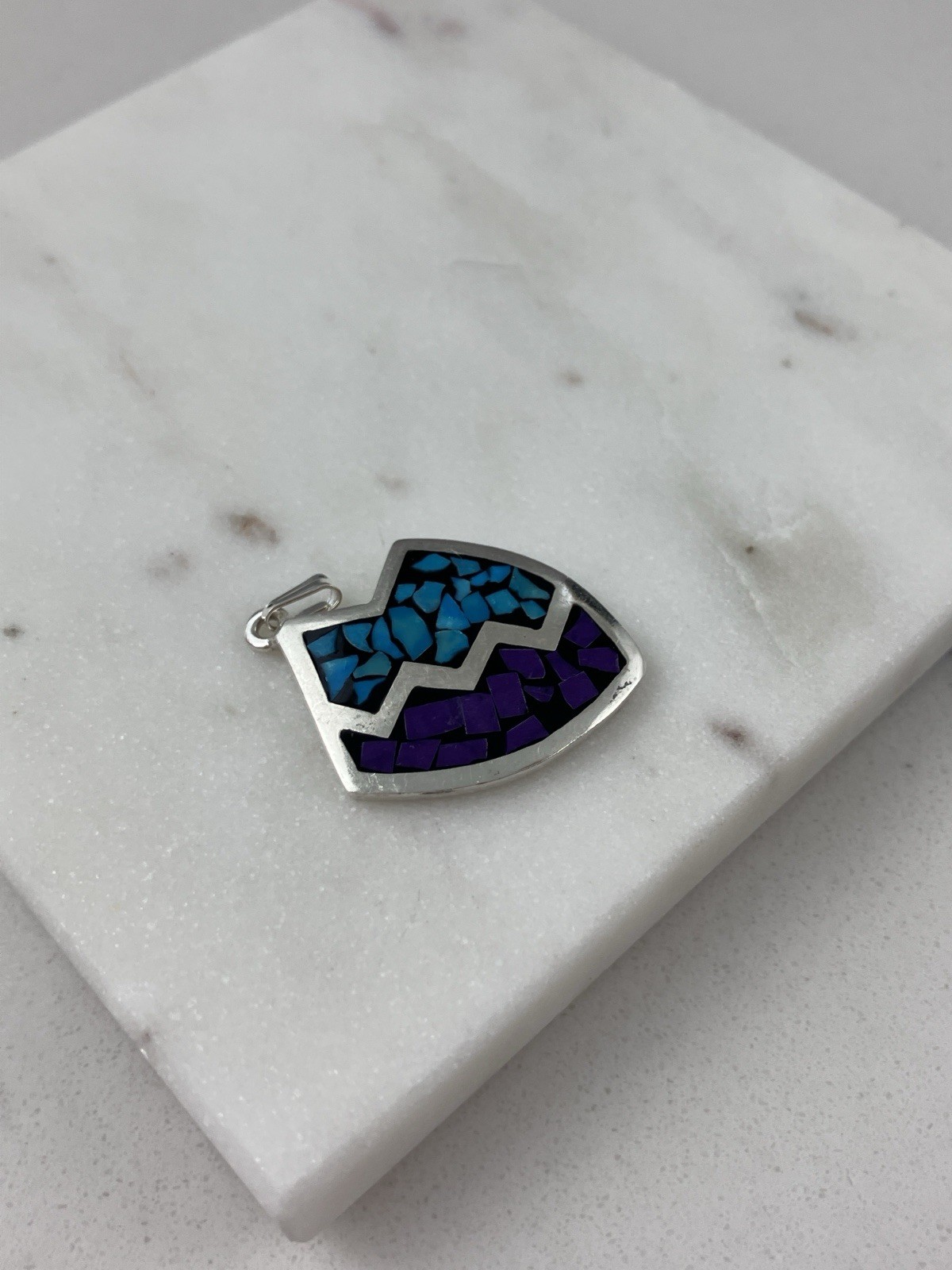 Vintage 925 Sterling Silver Mexico Blue Purple Turquoise Modernist Pendant