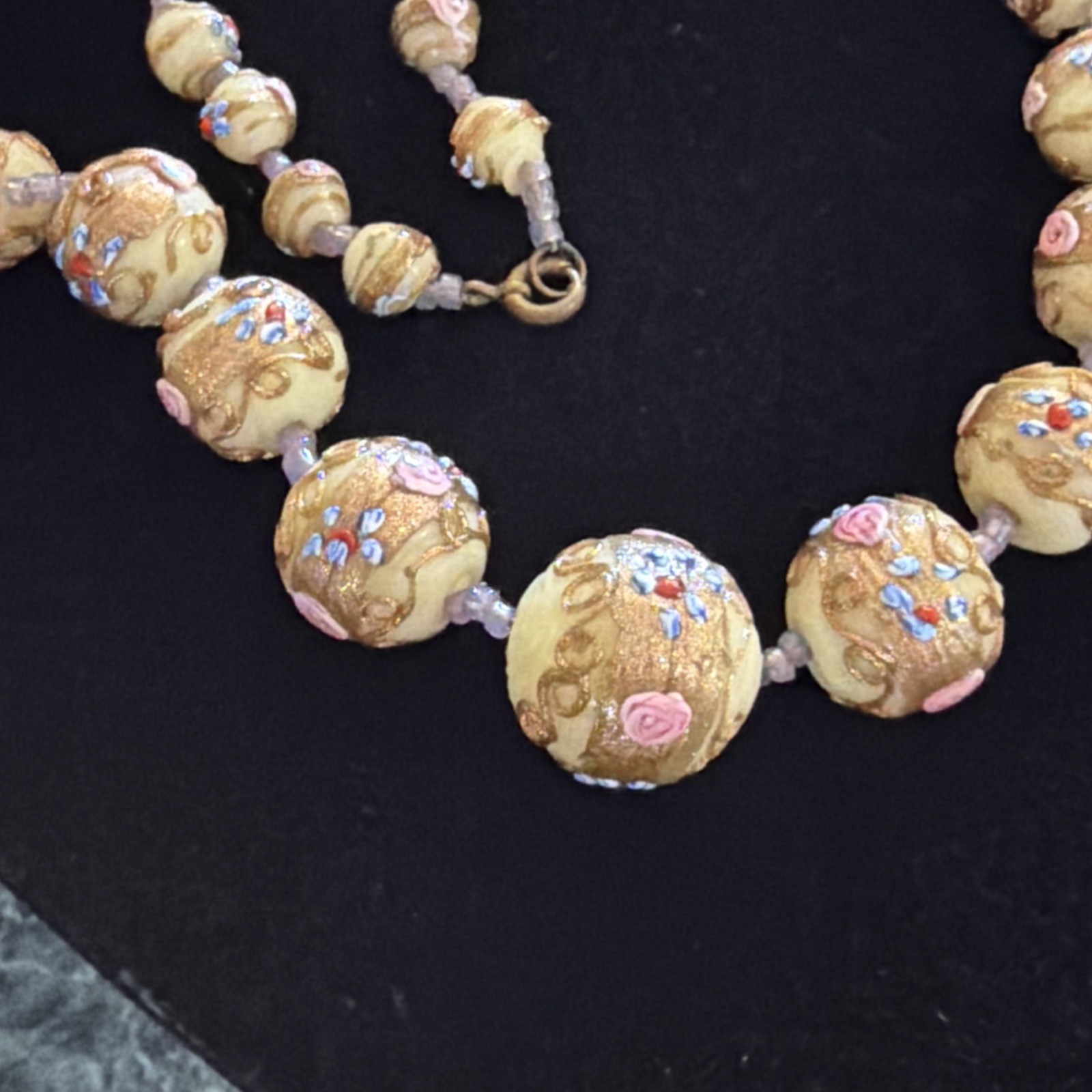 Vintage Murano Venetian Art Glass Necklace, Wedding Cake beads Ivory Gold Pink!