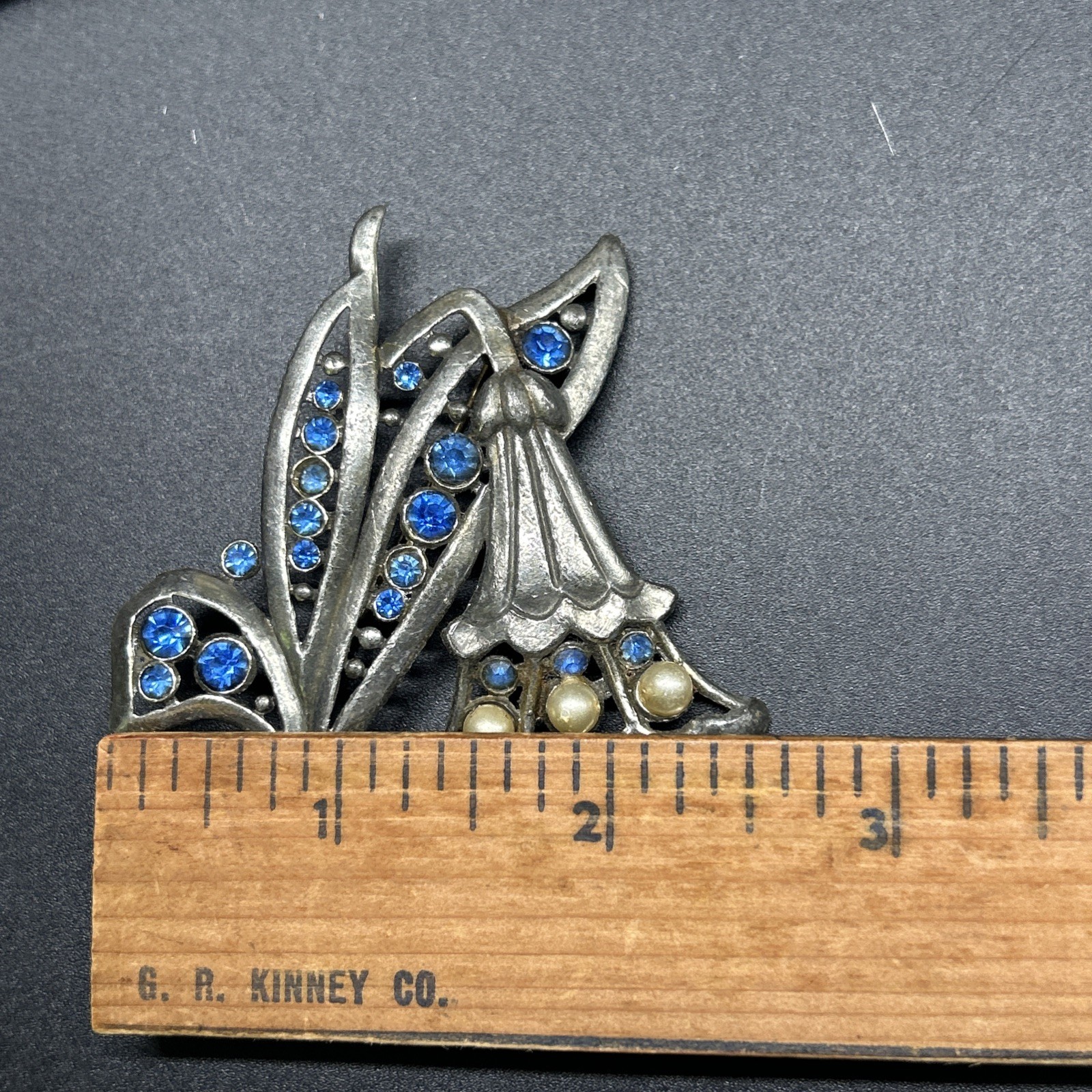 Vintage Pot Metal Brooch Large Floral Flower Pin Blue Rhinestones 3”
