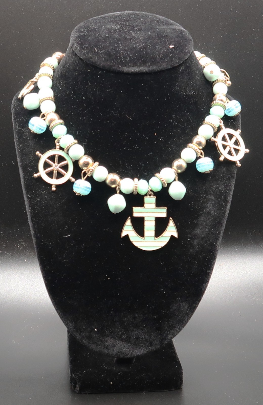 Vtg Nautical Beaded Charm Station Necklace Anchor Ship Wheel Teal & White Enamel