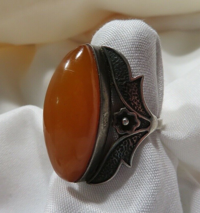 HUGE .875 silver Russian 9RK Butterscotch Egg yolk Amber ring OLD s: 7