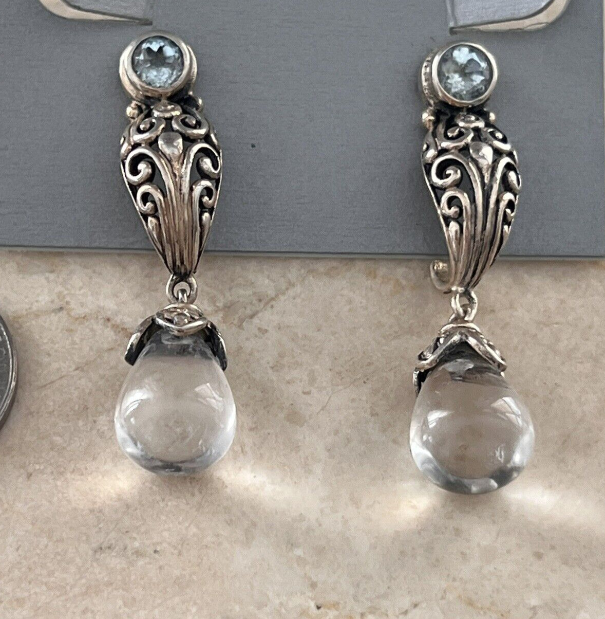 Beautiful NF Sterling 925 Blue Topaz & Quartz Drop Dangle Ornate Earrings