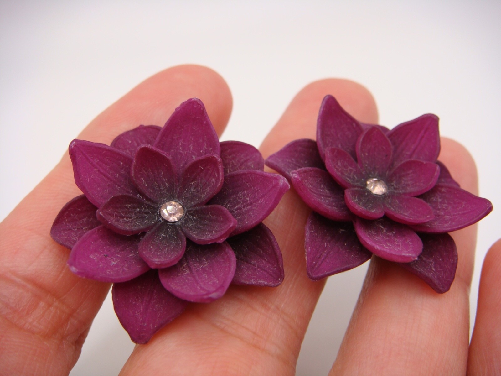 VINTAGE GES GESCH PURPLE CELLULOID THREE TIER FLOWER EARRINGS ESTATE WEST GERMAN