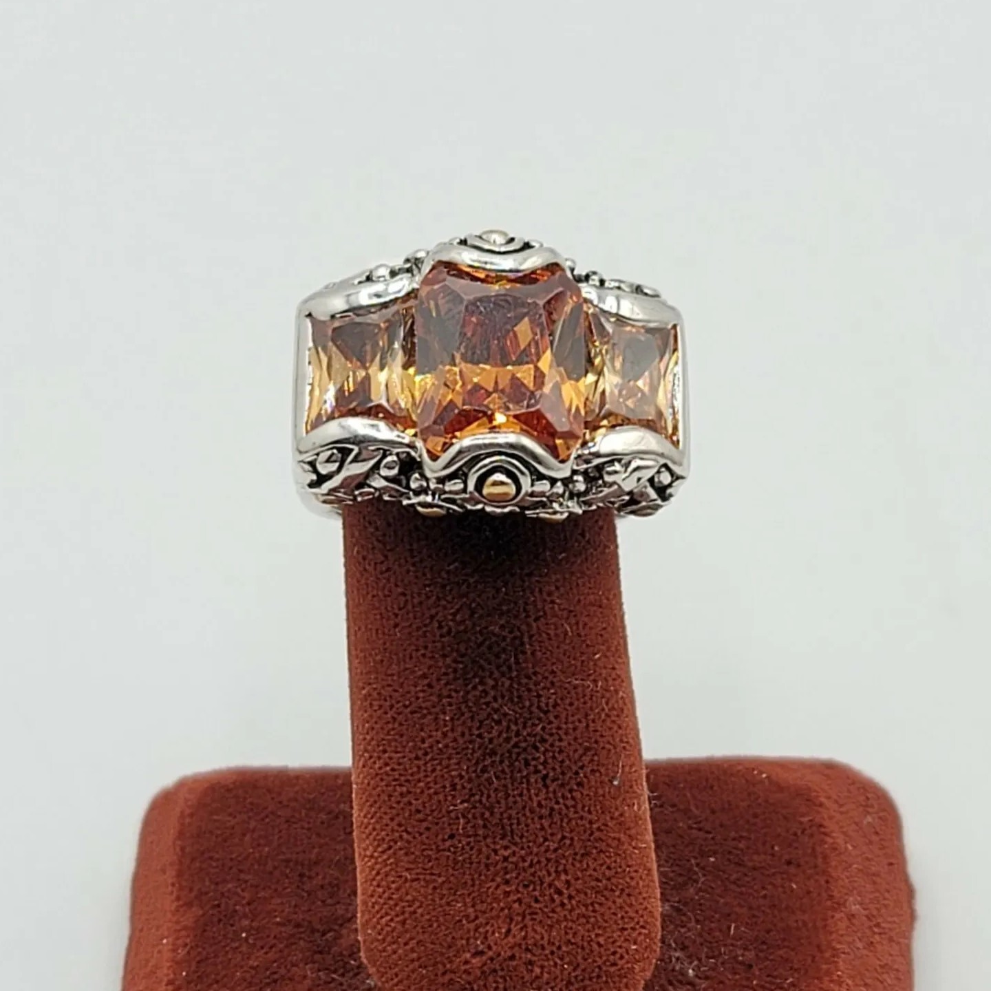 Vtg Ring Sz 7 Lg Topaz Citrine Amber Cubic Zirconia Statement Fashion Jewelry