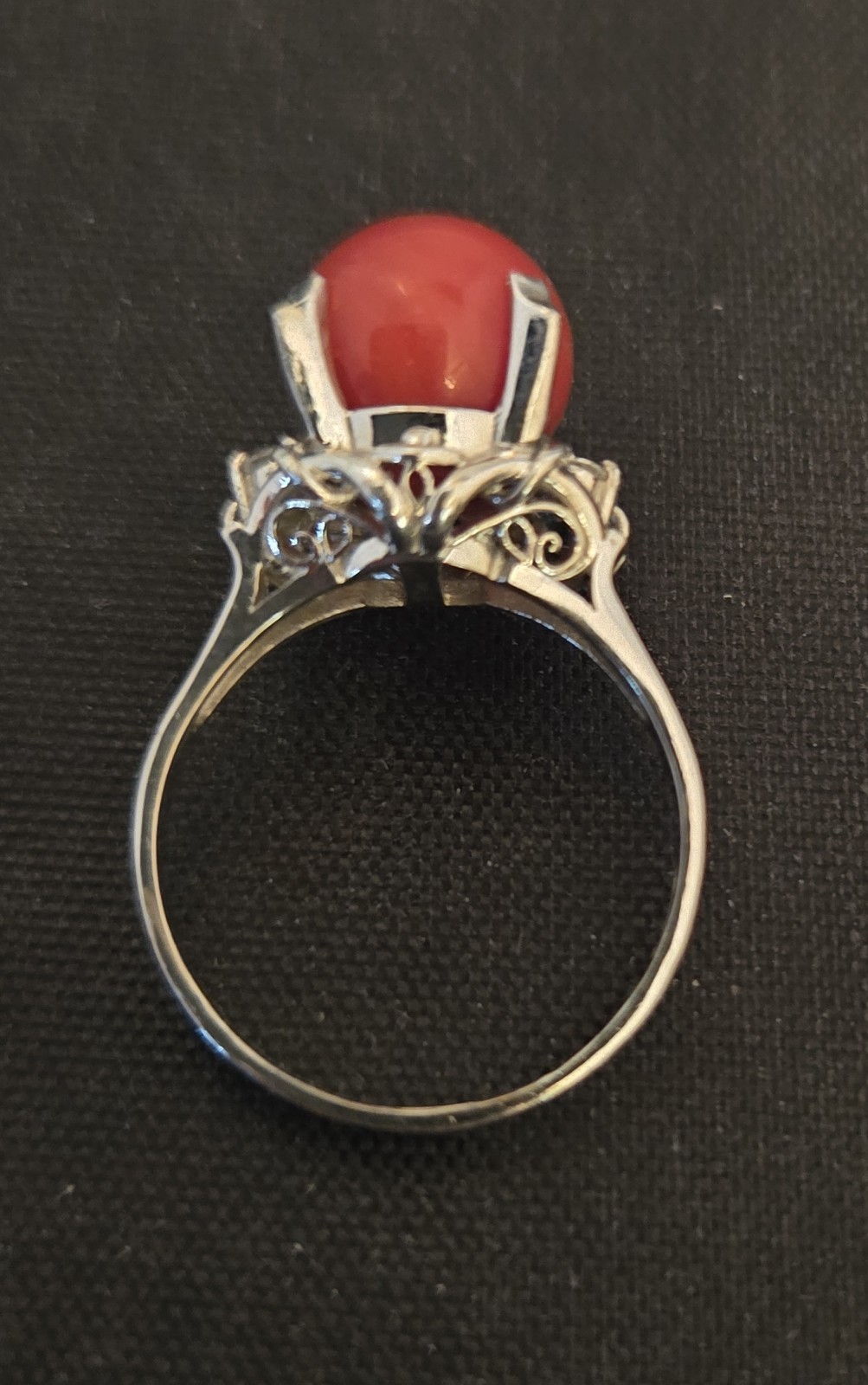 Antique 19th Century 900 Platinum Natural Coral & Diamonds Ring Sz 5-3/4