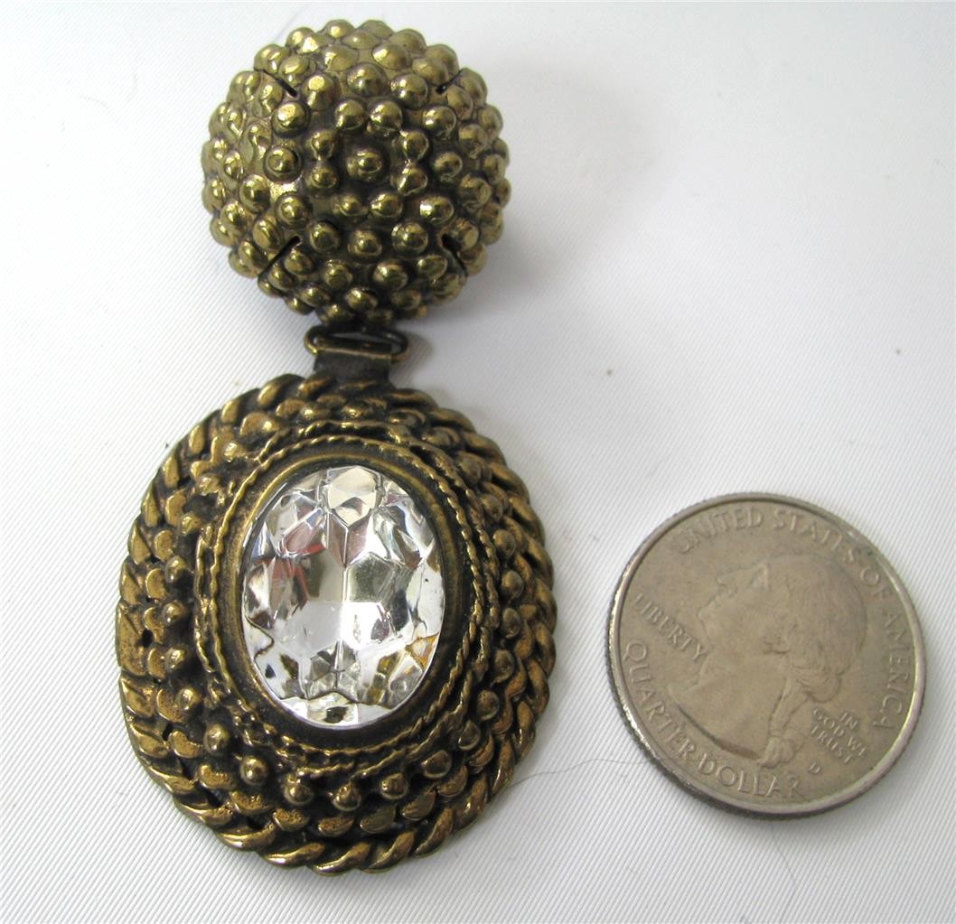 Vintage Italy Textured Doorknocker Brooch Pin Large Rhinestone Gold tone