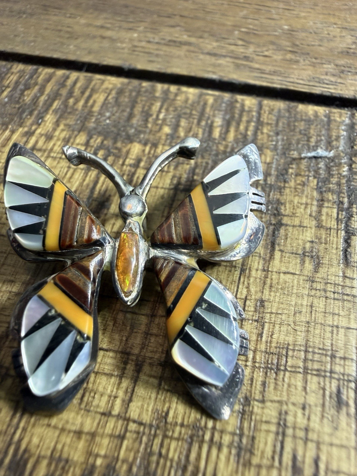 Vintage Native 925 Sterling Silver Butterfly – Pendant – Multistone – Inlay Opal
