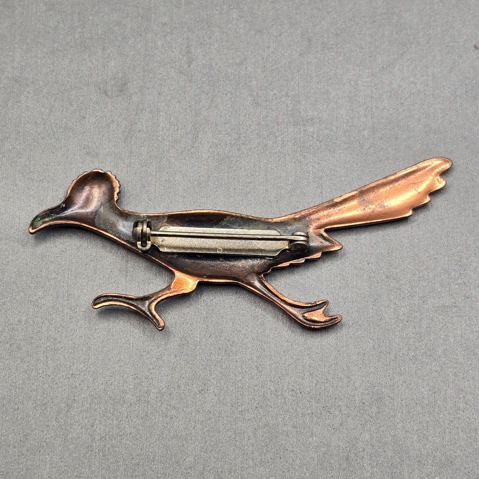 VTG Southwestern Copper Roadrunner Bird Brooch Pin 2.5″ Etched Pressed Metal 50s