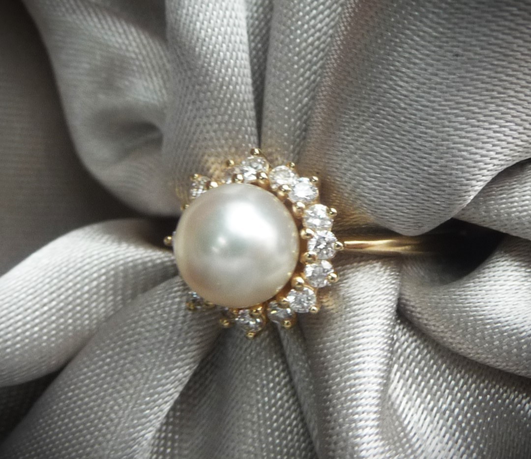 GORGEOUS $2450 MIKIMOTO BLUE LAGOON 14K HALO 16 DIAMONDS PEARL ENGAGEMENT RING!