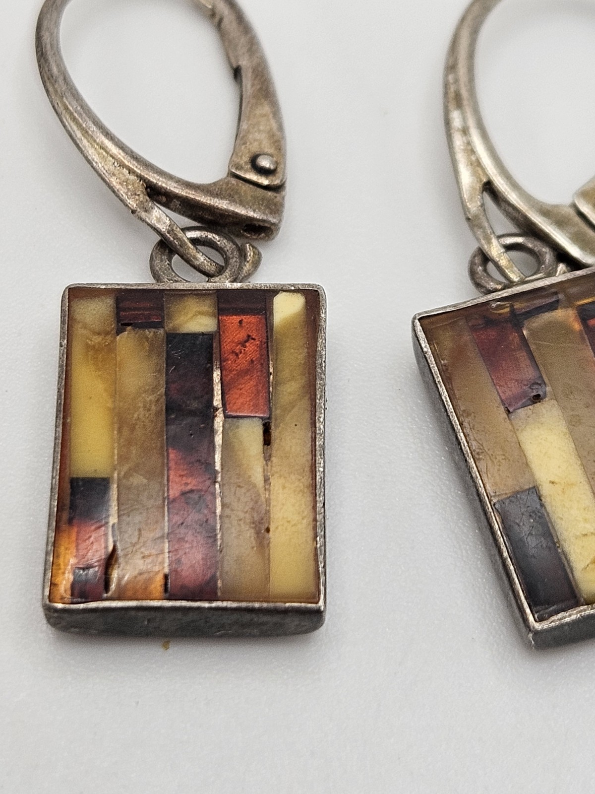 Vintage Sterling Silver Multicolor Amber Inlay Dangle Petite Earrings