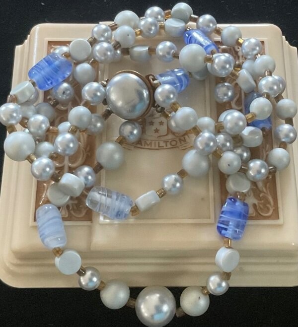 Vintage Double Strand Grey Pearl and Blue Swirled Lucite Bead Necklace