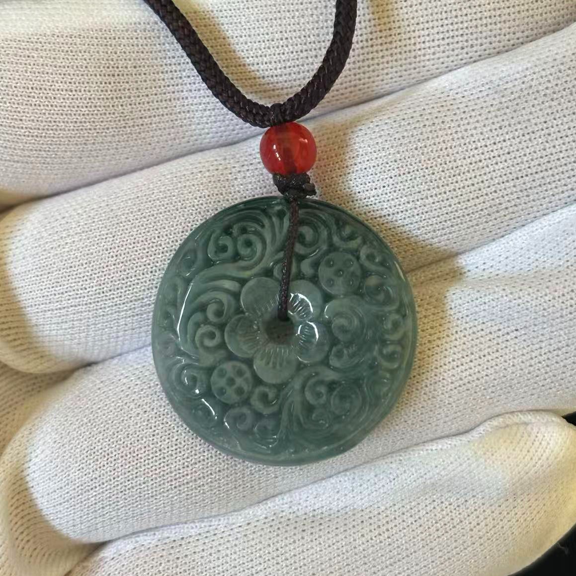 Natural Green Jade Jadeite Embossed Floral Pendant Round, Adjustable Cord