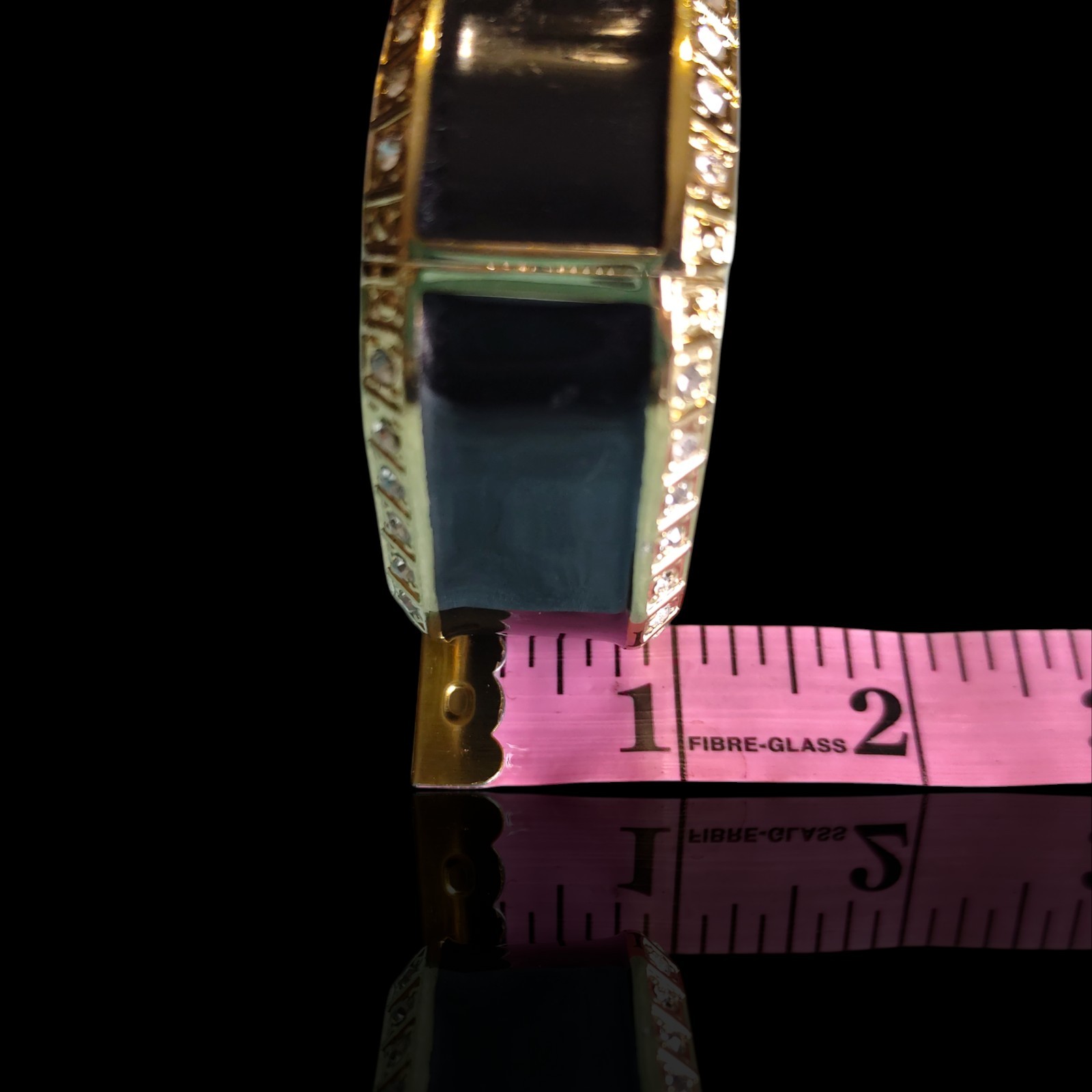 Vintage Wide Black Enamel Clear Glass Rhinestone Square Clamper Bangle Bracelet