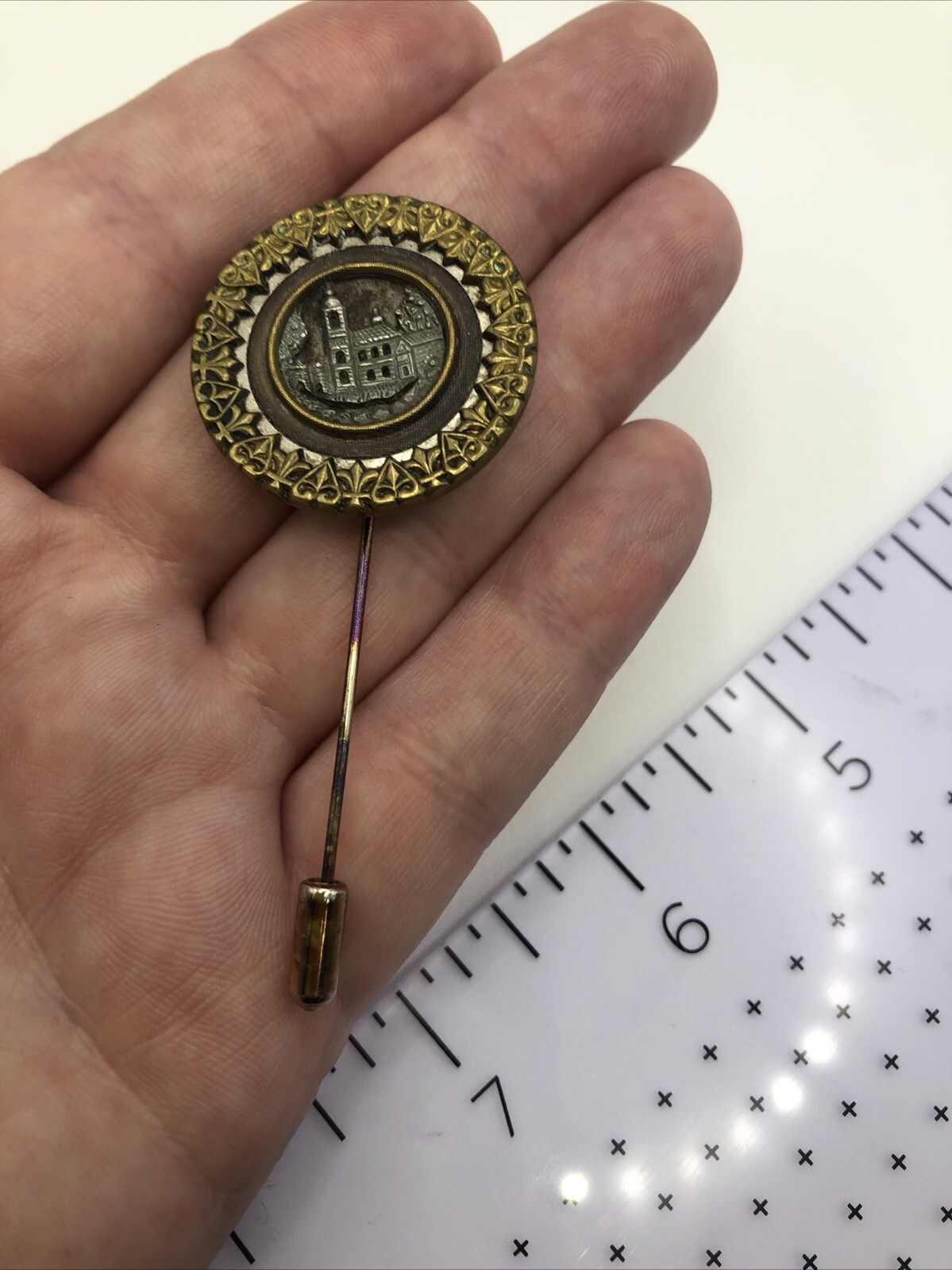 Vintage Antique Metal Picture Hat Pin Lapel Button VICTORIAN BUILDINGS