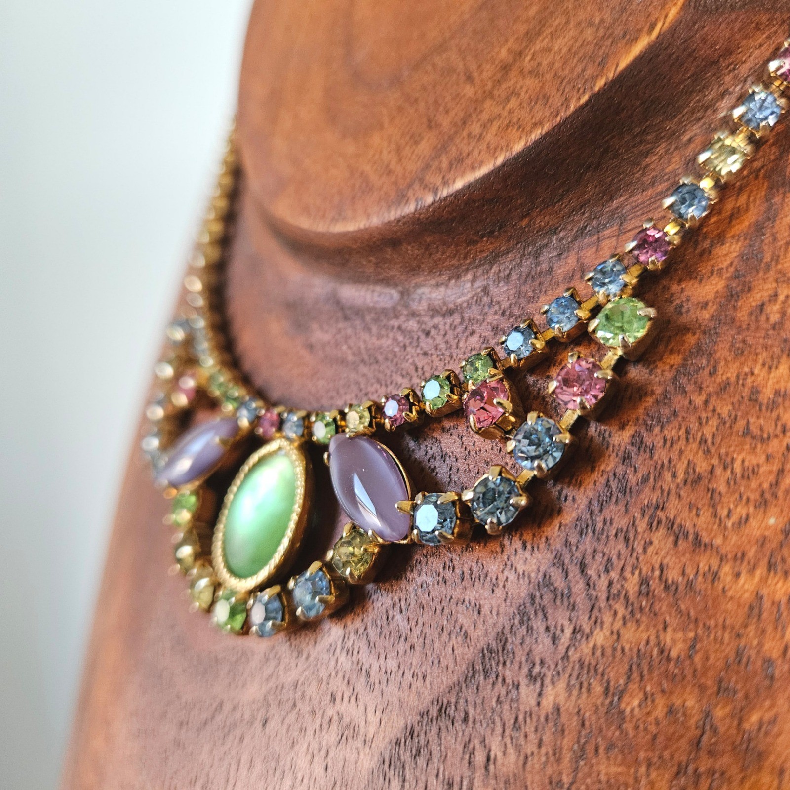 Vintage Multi-Color Pastel Rainbow Rhinestone Choker Necklace MCM Hook Juliana