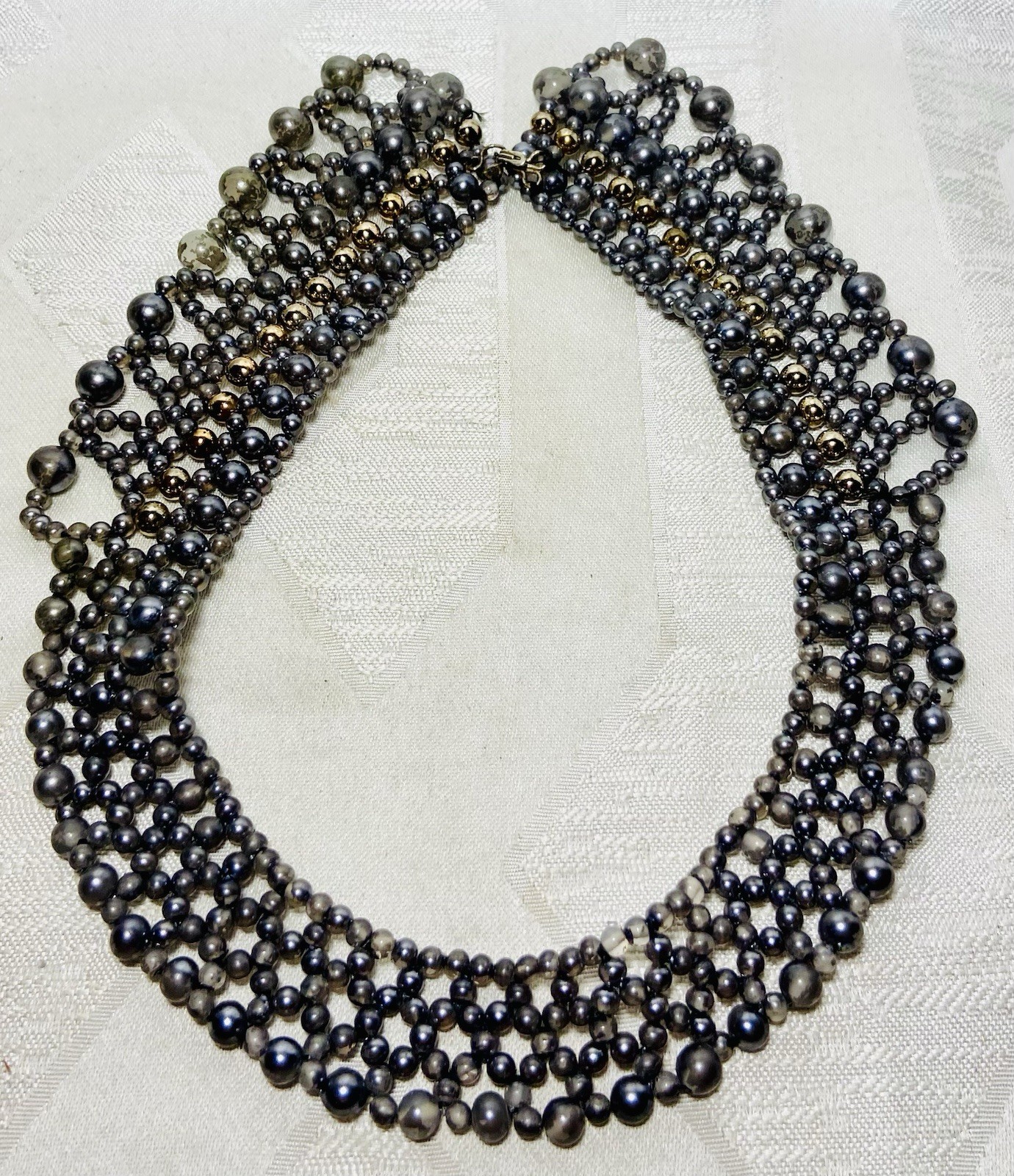 Vintage 1960s Hand Knotted Beaded Collar Necklace Gray Gunmetal Gold Tone Bib