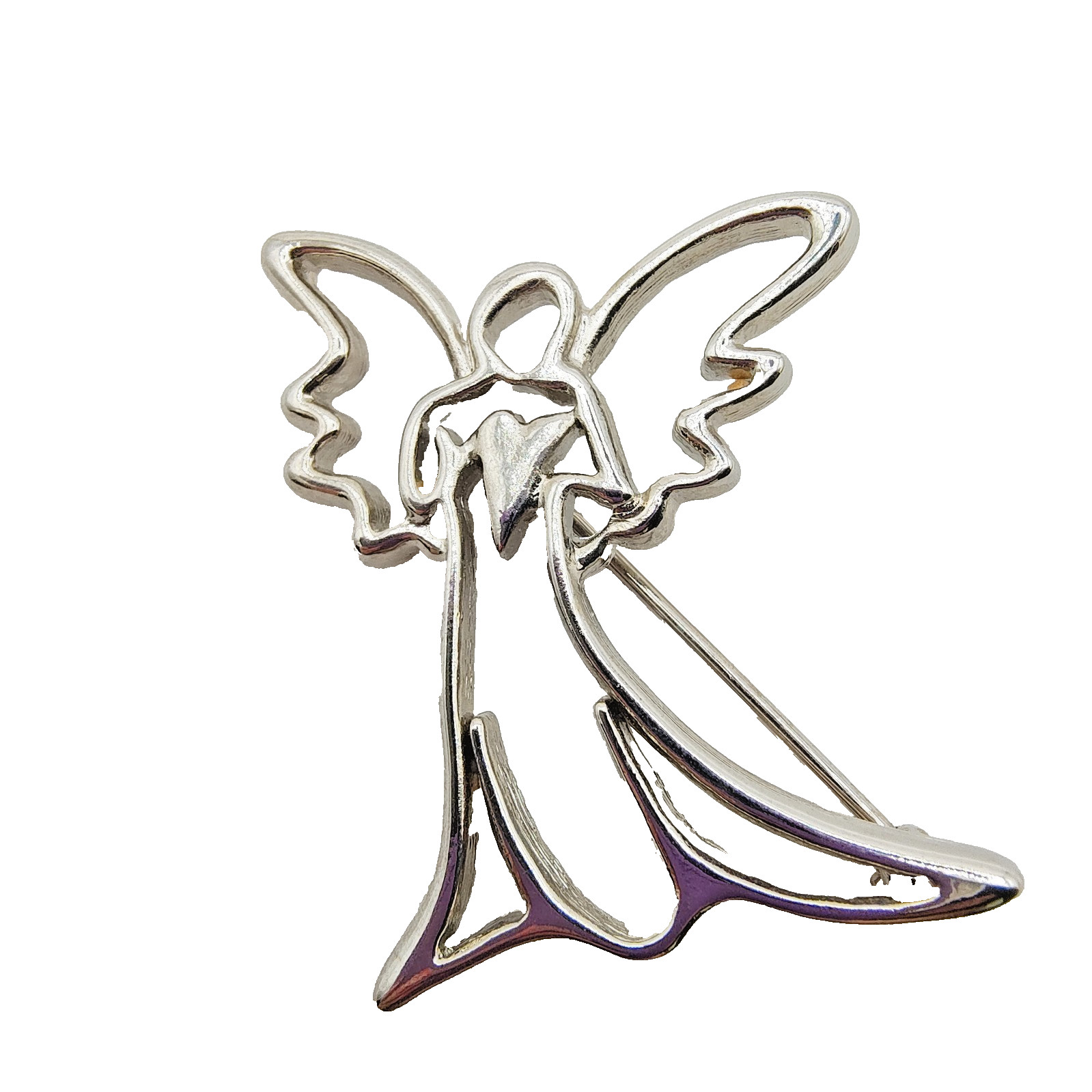 Vintage Guardian Angel Brooch Silver Tone Holding Heart Openwork Celestial Love