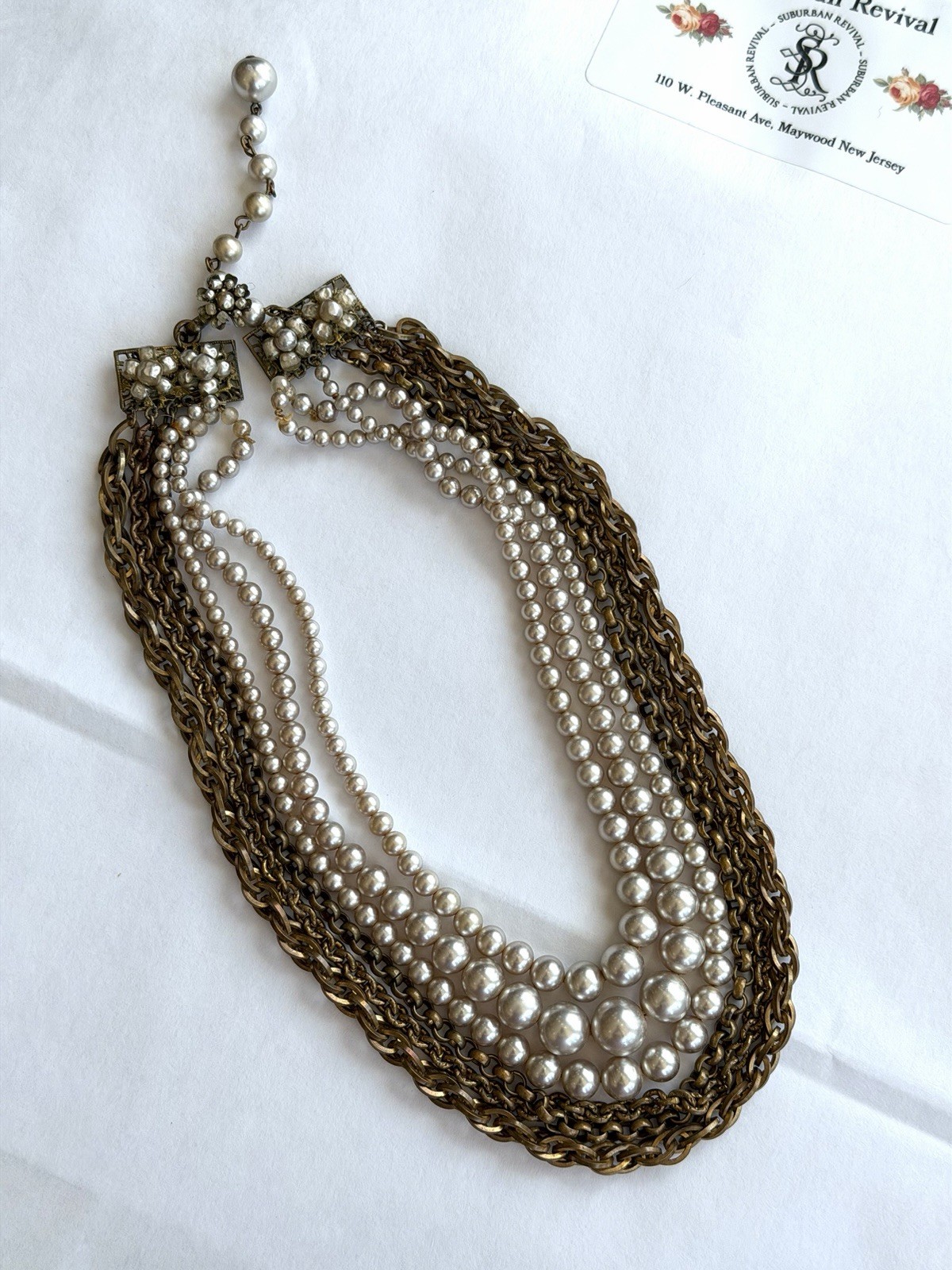 Miriam Haskell Vintage Signed 3-Strand Glass Pearl and Gold Chain Link Necklace