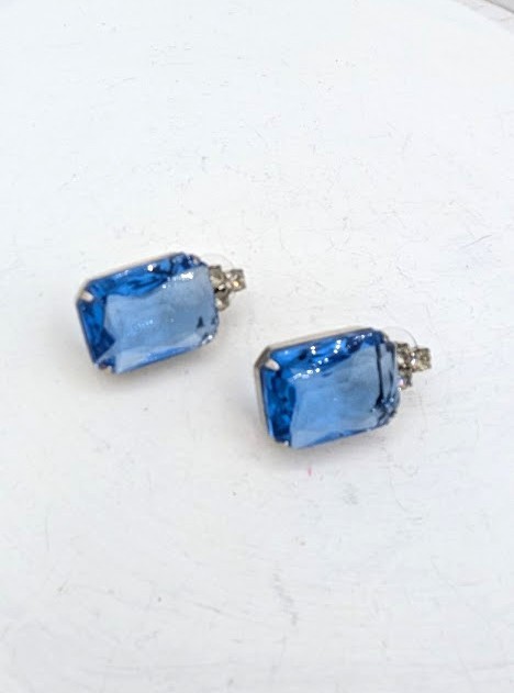 Vintage Post Earrings Blue Crystal Emerald Cut Glass Silver Tone Post 1950s