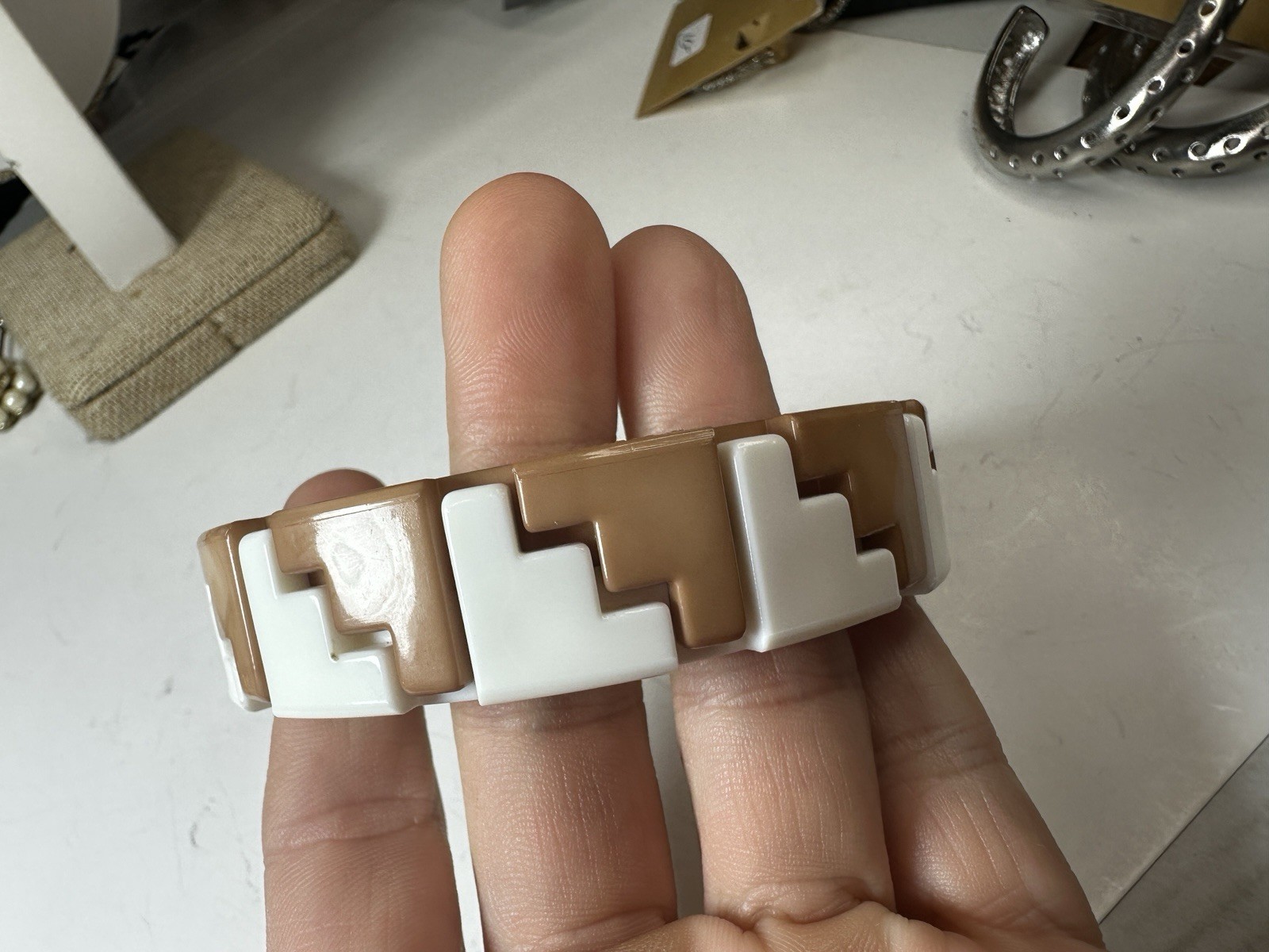 Vintage Bracelet Puzzle Western Germany Plastic White Brown Bangle