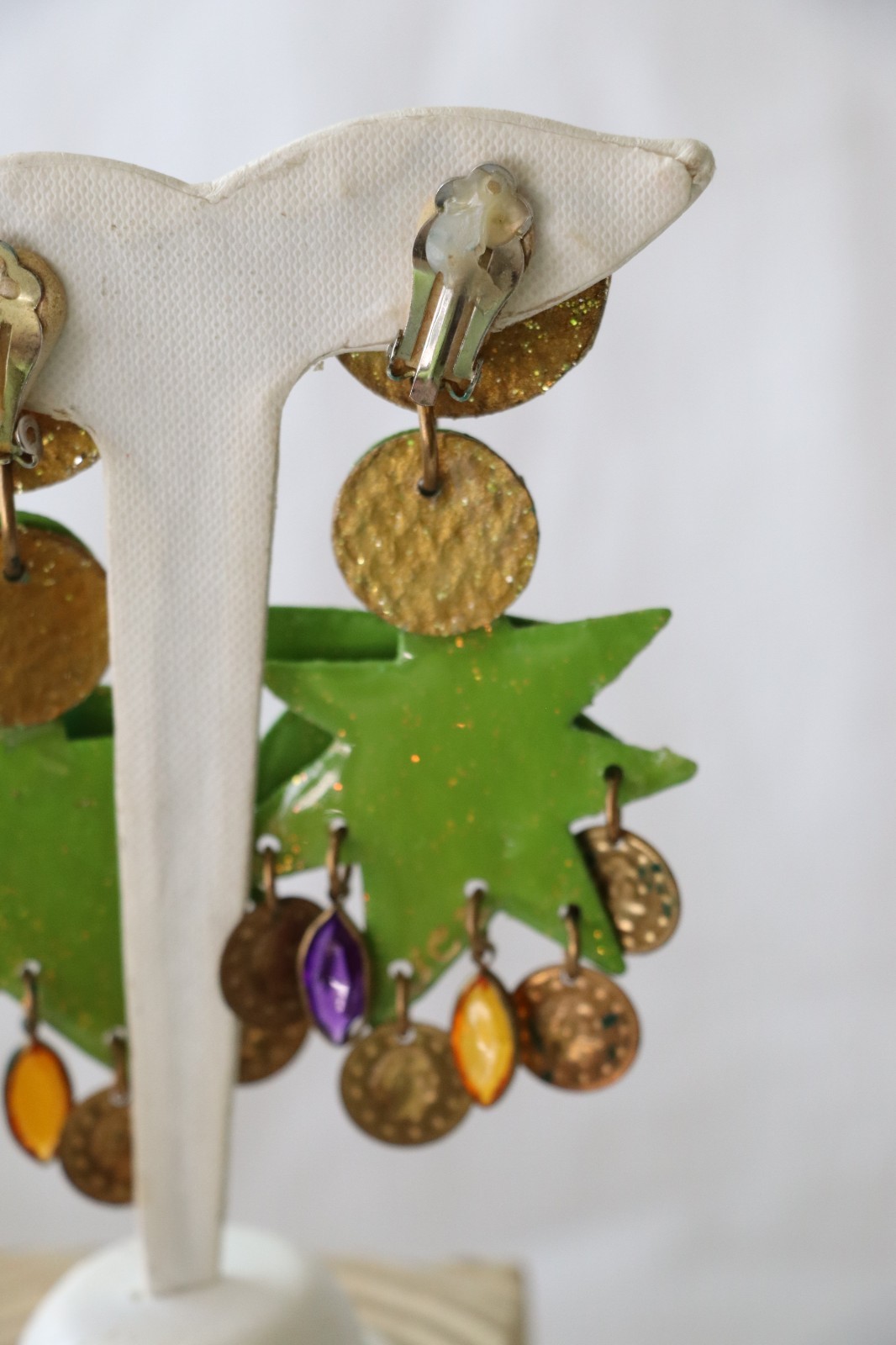 Vintage Green Resin Metal Christmas Tree Colorful Clip-On Dangle Earrings 4″