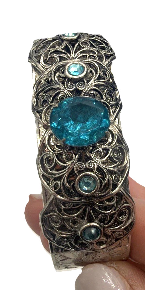 Vintage Art Deco Filigree Cuff Bracelet Silver Tone Blue Stones Openwork